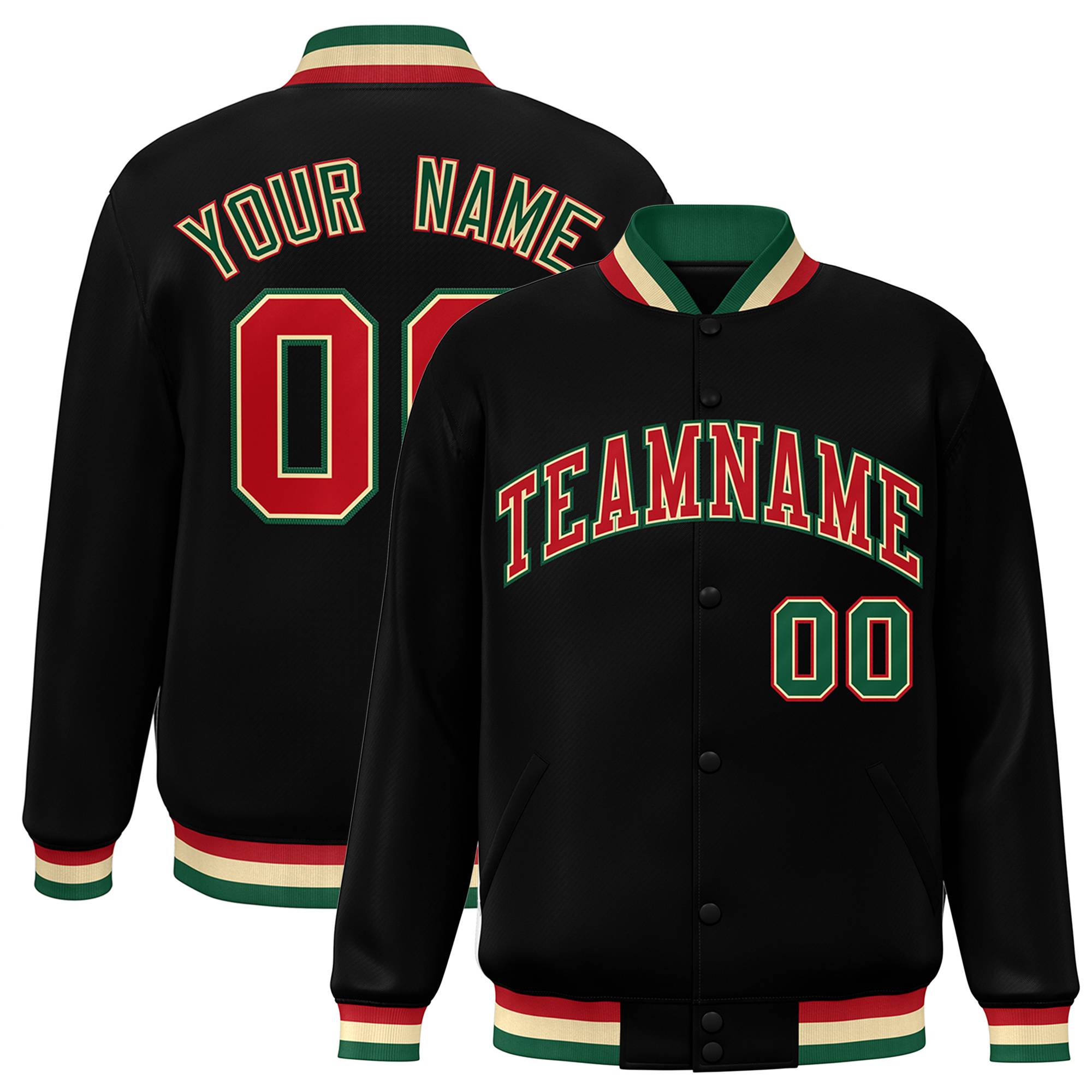 Custom Black Red-Khaki Classic Style Varsity Full-Snap Letterman Jacket