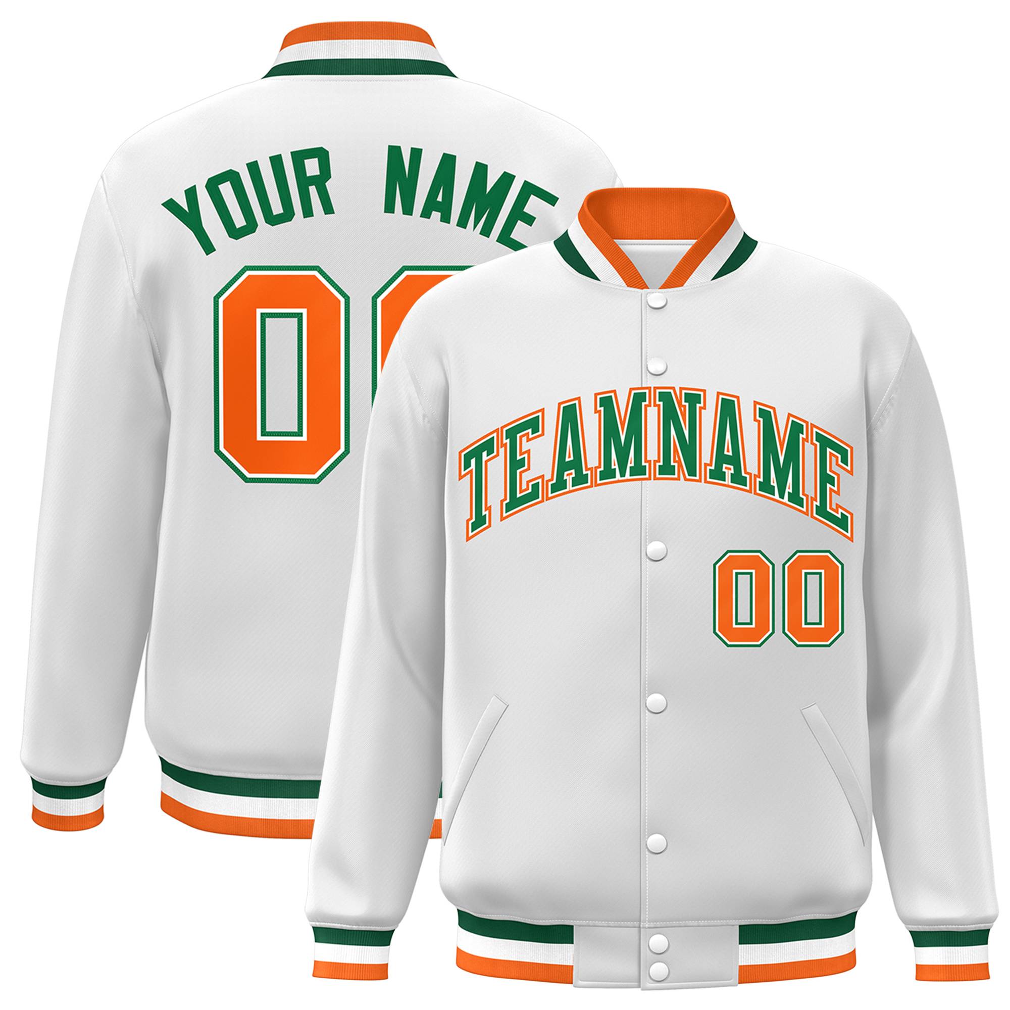 Custom White Green-White Classic Style Varsity Full-Snap Letterman Jacket