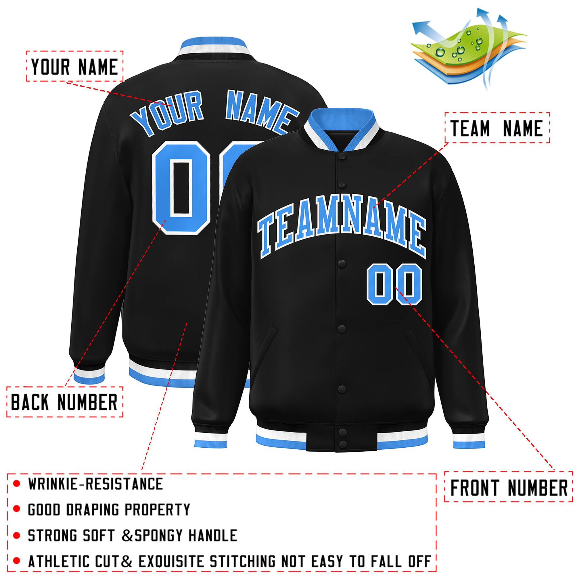 Custom Black Powder Blue-White Classic Style Varsity Full-Snap Letterman Jacket