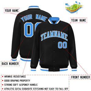 Custom Black Powder Blue-White Classic Style Varsity Full-Snap Letterman Jacket