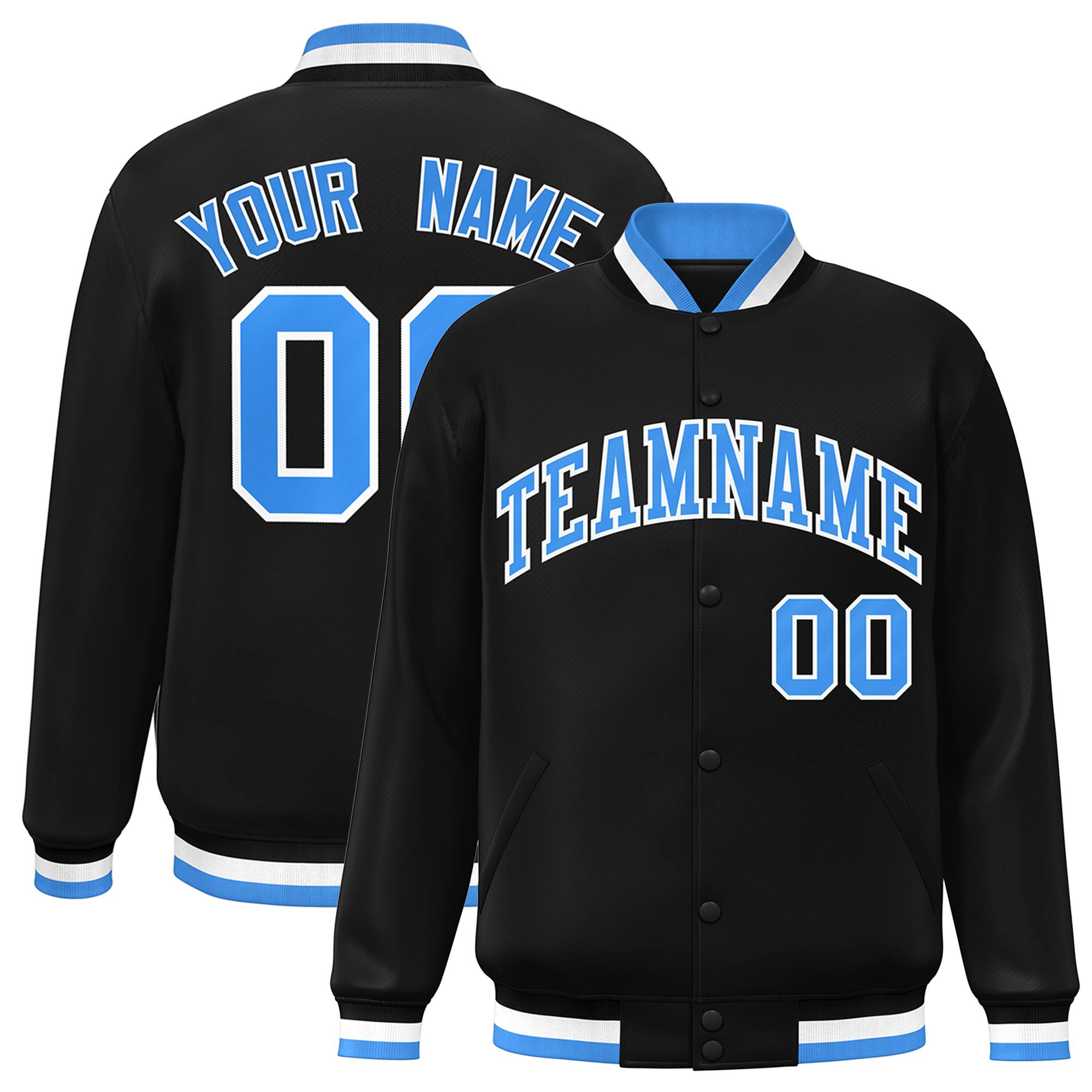 Custom Black Powder Blue-White Classic Style Varsity Full-Snap Letterman Jacket