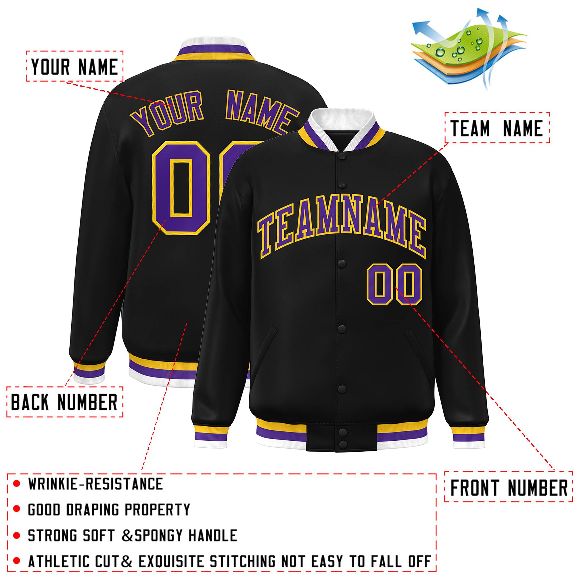 Custom Black Purple-Gold Classic Style Varsity Full-Snap Letterman Jacket