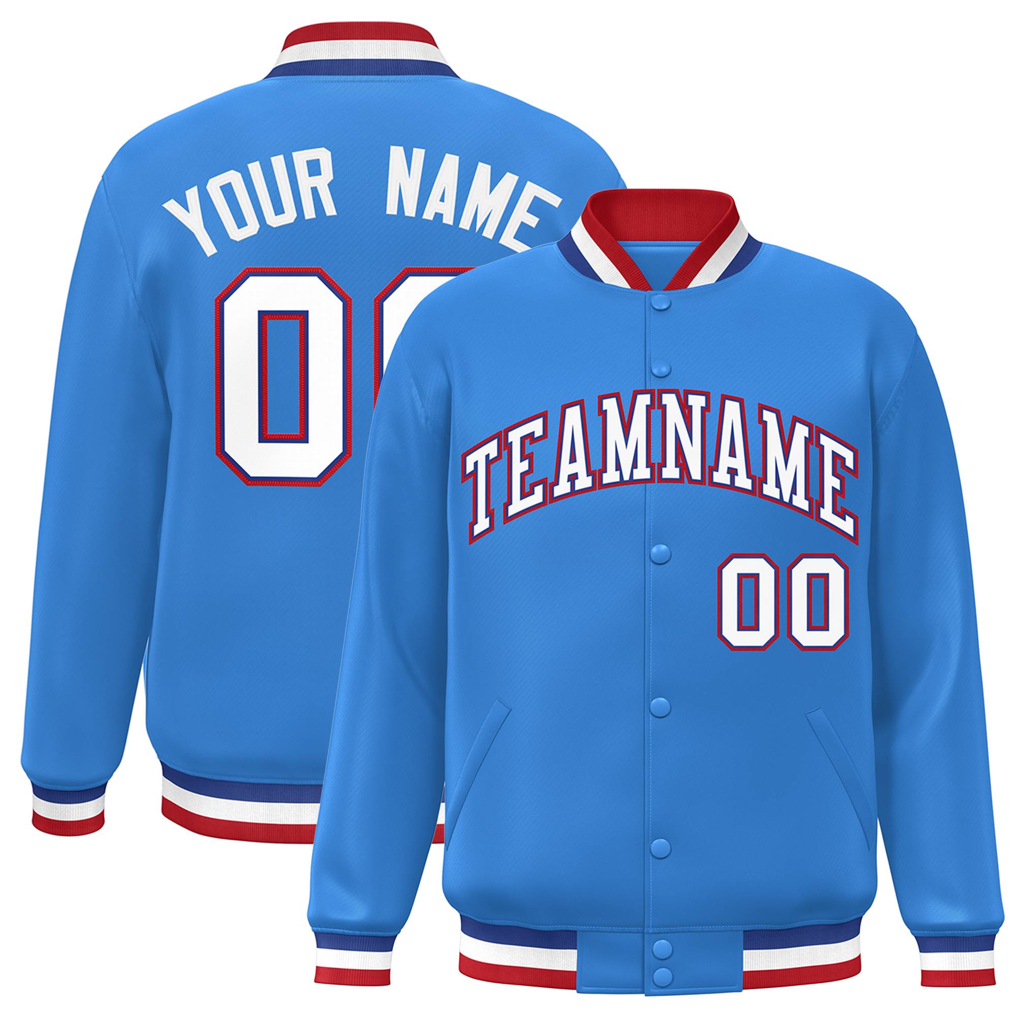 Custom Powder Blue White-Royal Classic Style Varsity Full-Snap Letterman Jacket