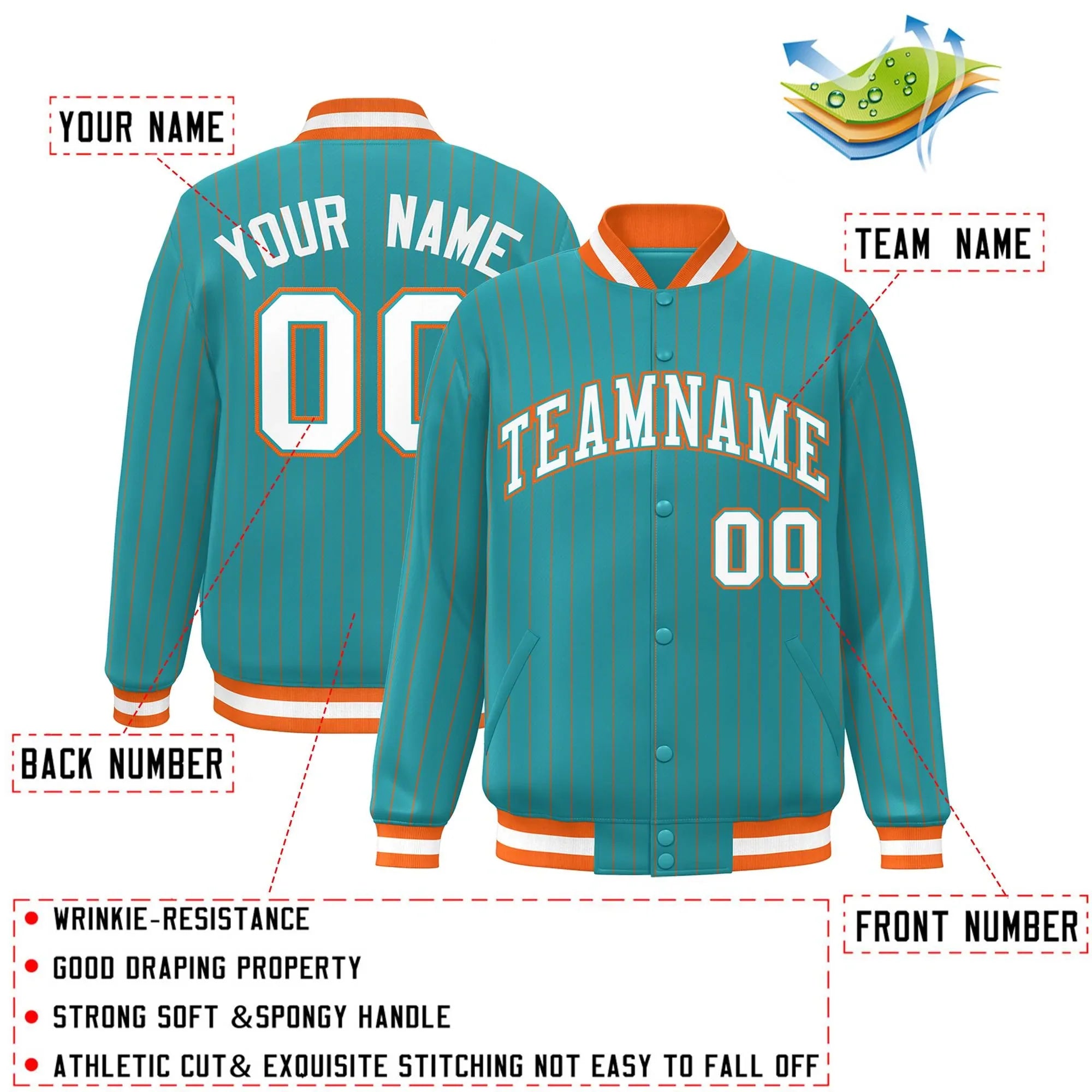 Custom Aqua White-Orange Personalized Stripe Fashion Bomber Team Sport Jacket