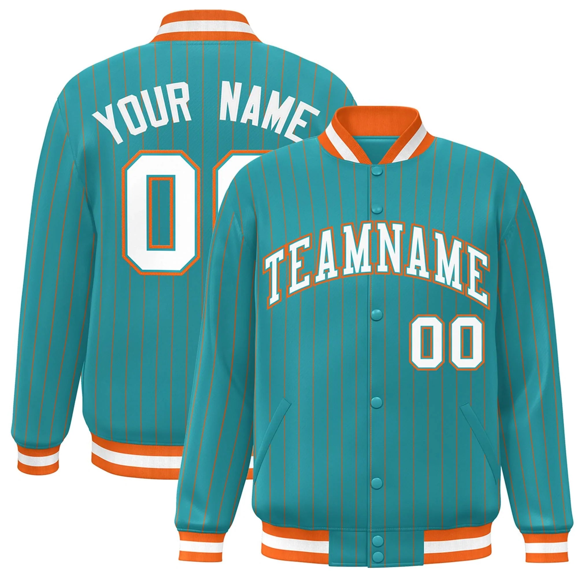 Custom Aqua White-Orange Personalized Stripe Fashion Bomber Team Sport Jacket