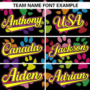 Custom Black Yellow-Pink Varsity Pets Paw Prints Graffiti Pattern Letterman Baseball Jacket