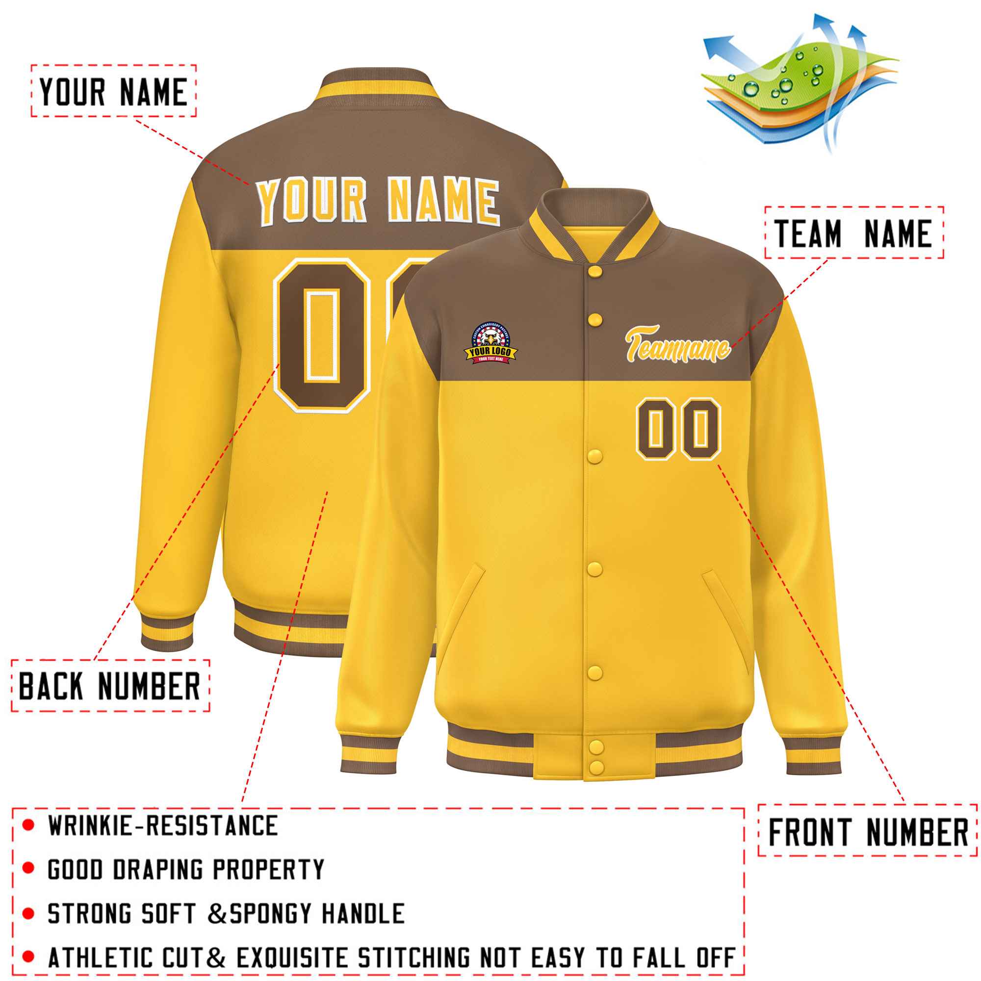 Custom Light Brown Gold-White Varsity Full-Snap Color Block Lettermen Baseball Jacket