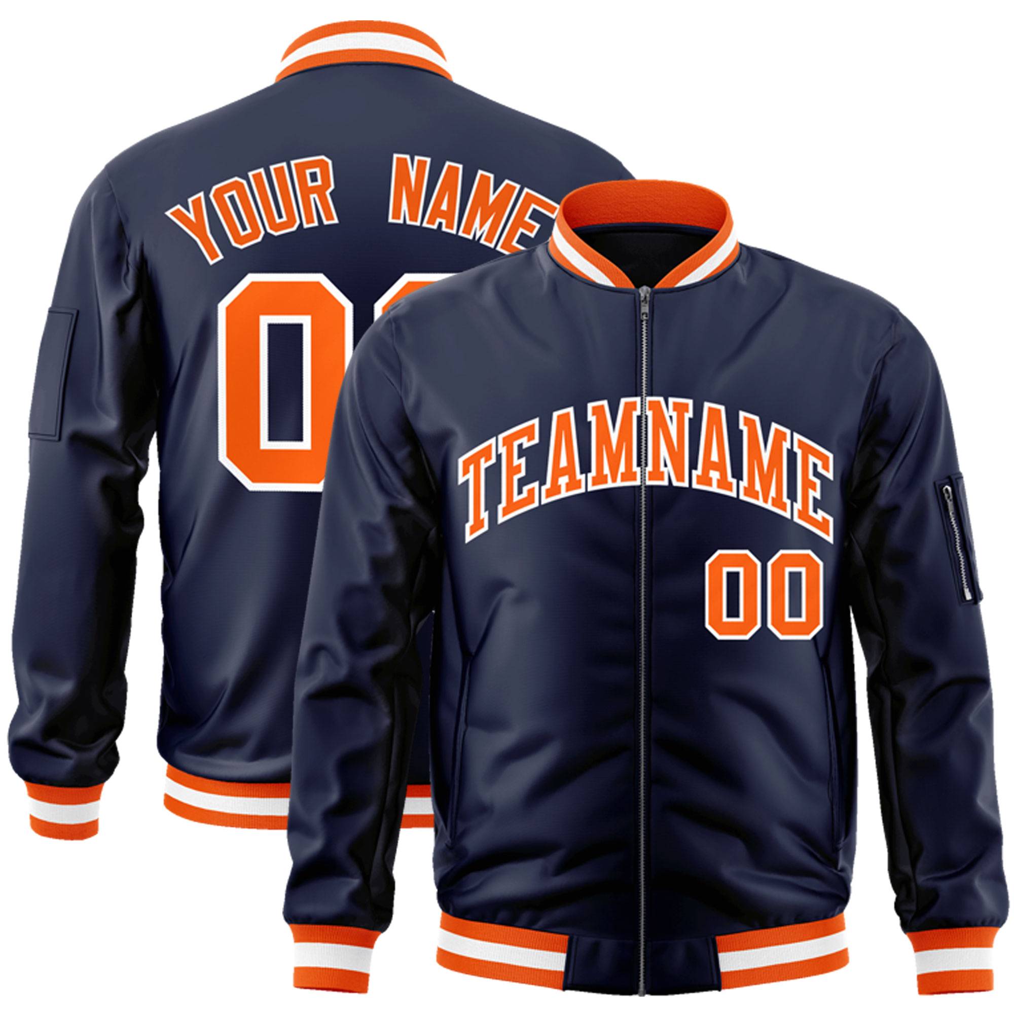 Custom Navy Orange-White Varsity Full-Zip Letterman Bomber Jacket