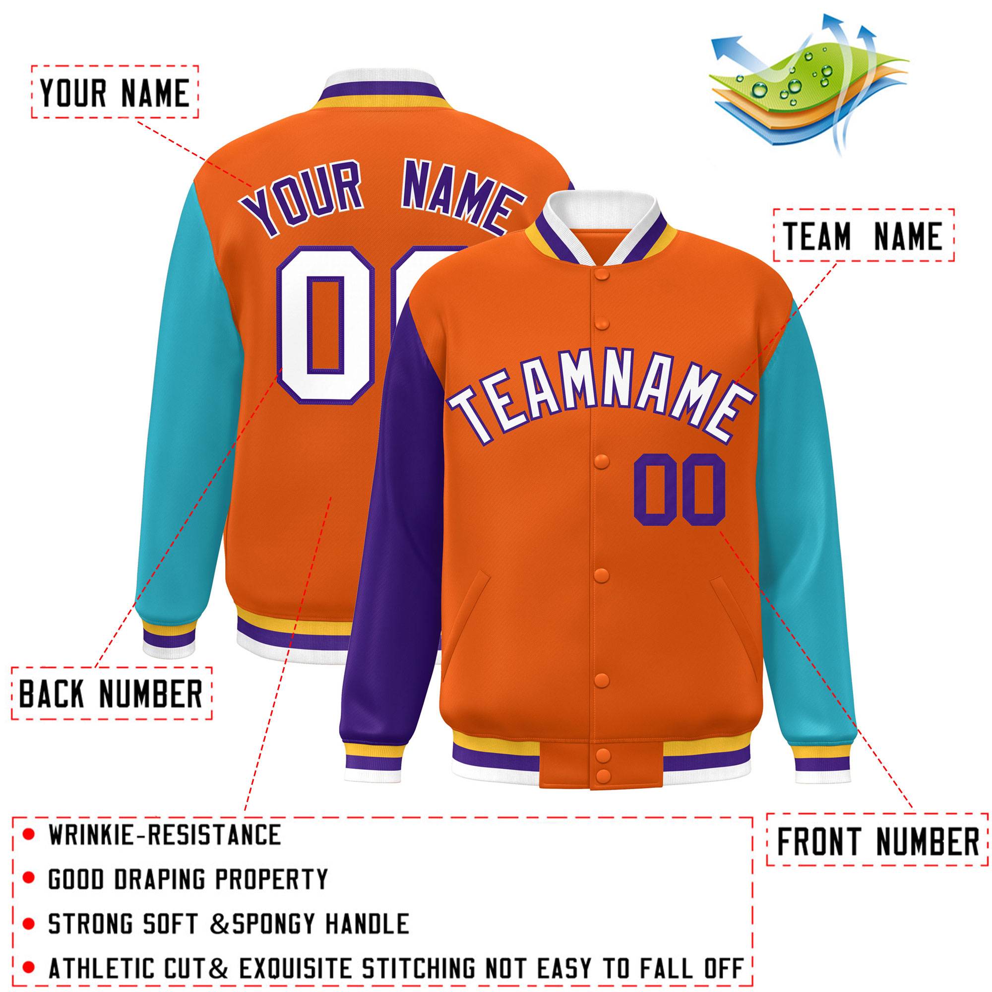 Custom Orange Purple-Aqua Varsity Full-Snap Raglan Sleeves Letterman Baseball Jacket