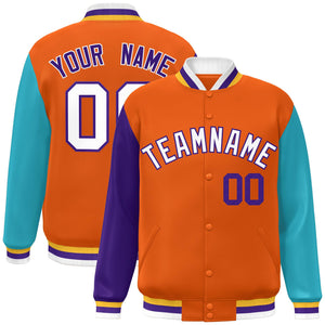 Veste de baseball Letterman personnalisée à manches raglan orange violet-aqua Varsity