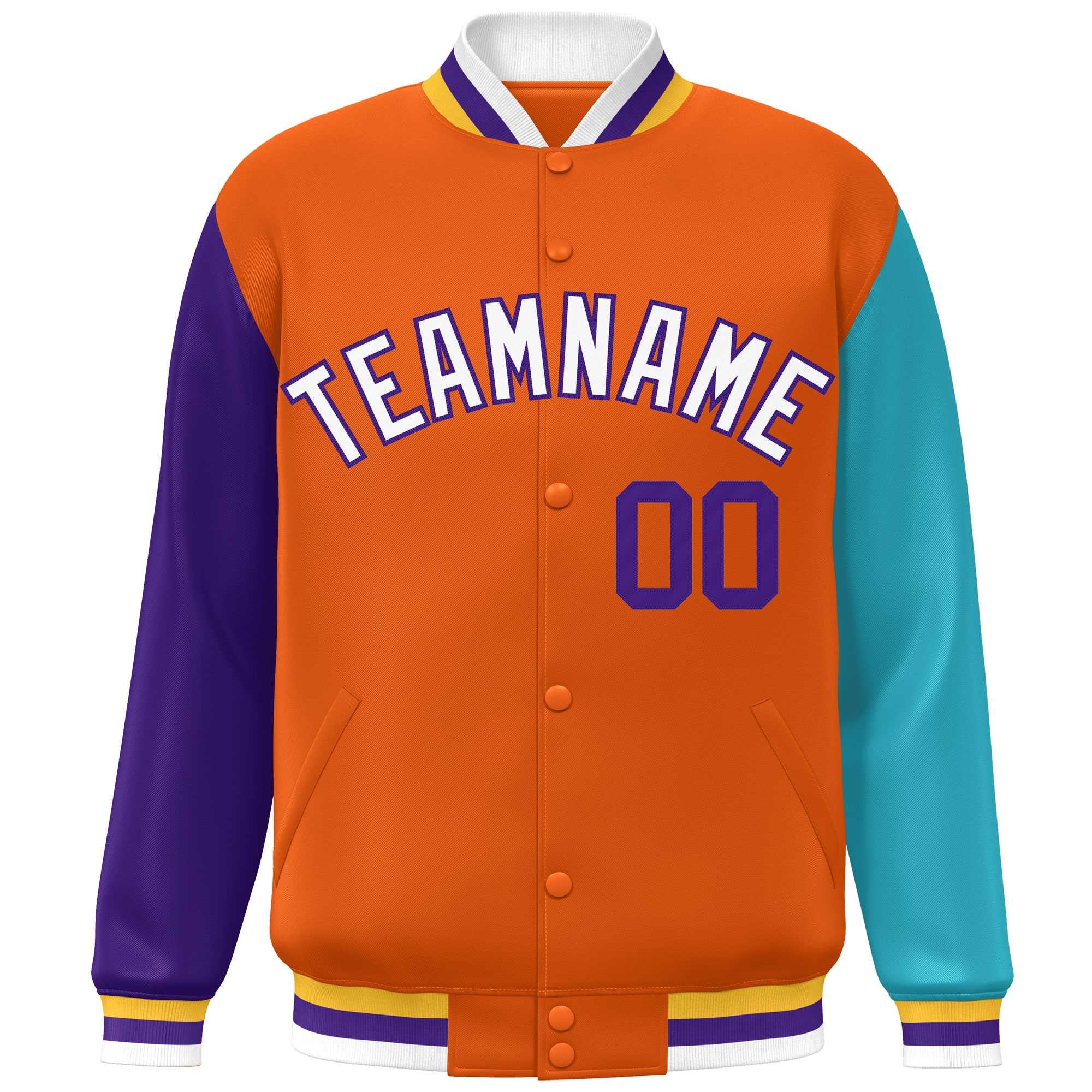 Custom Orange Purple-Aqua Varsity Full-Snap Raglan Sleeves Letterman Baseball Jacket