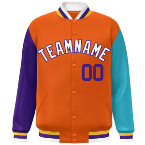 Veste de baseball Letterman personnalisée à manches raglan orange violet-aqua Varsity