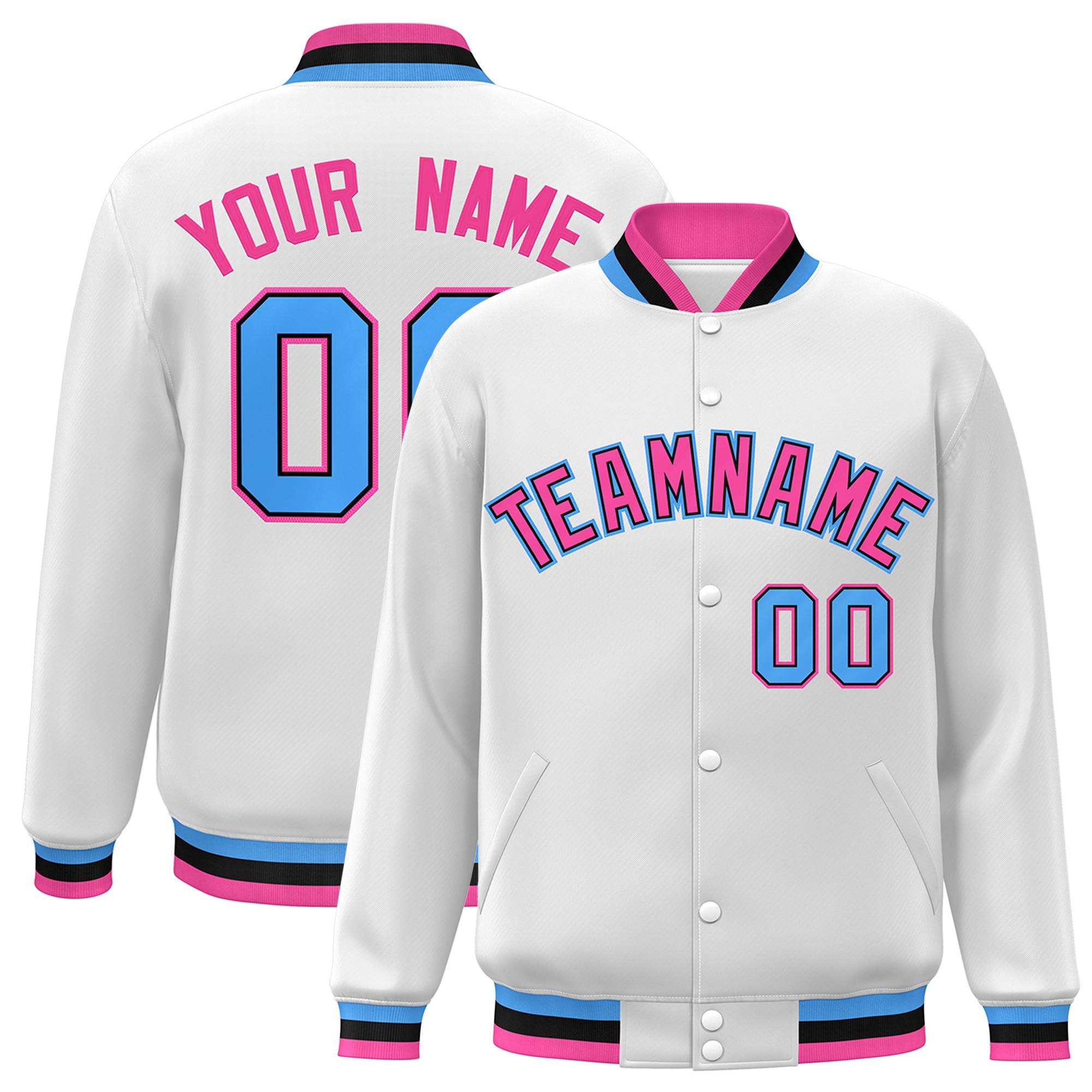 Custom White Pink-Black Classic Style Varsity Full-Snap Letterman Jacket