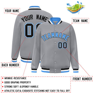 Custom Gray Powder Blue-White Classic Style Varsity Full-Snap Letterman Jacket