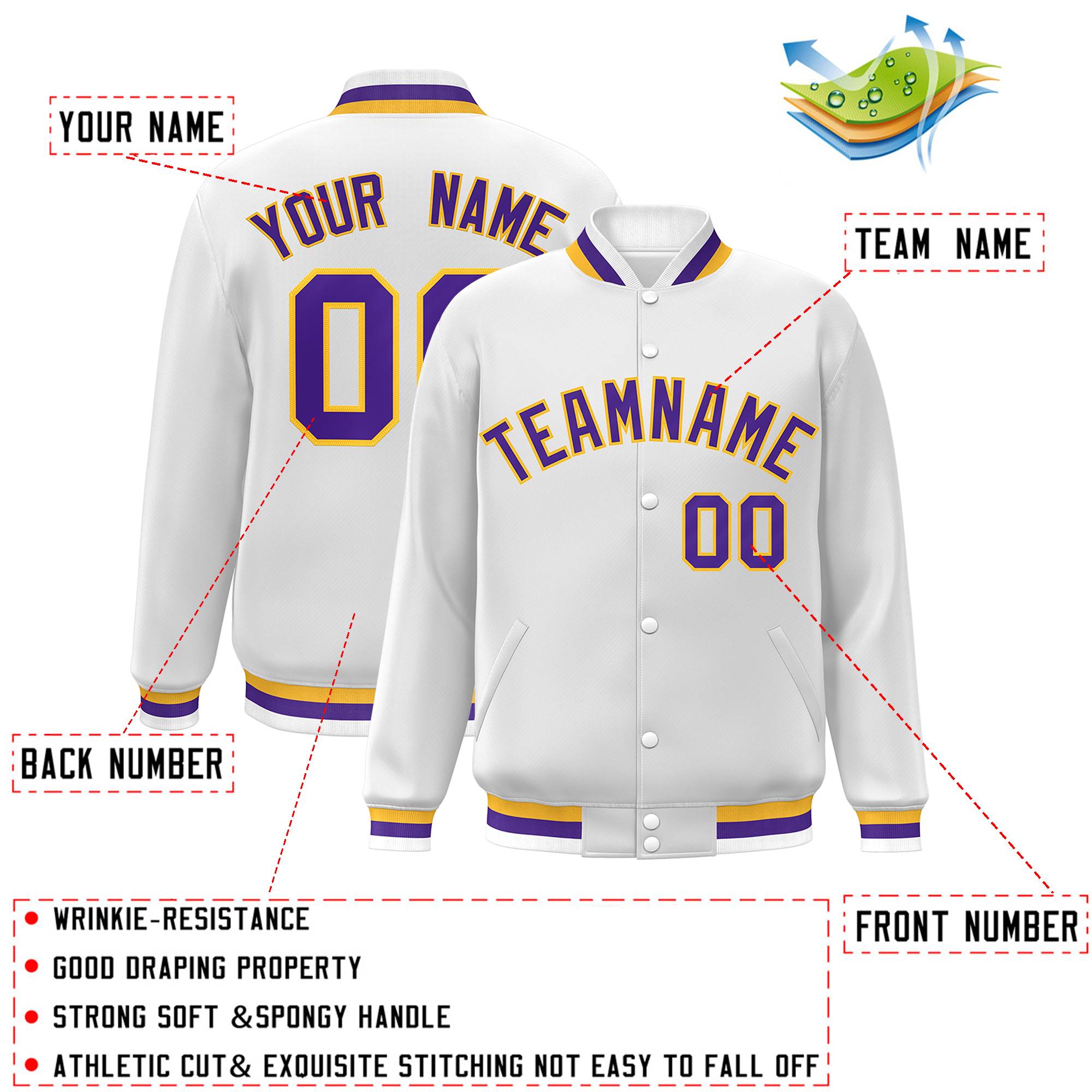 Custom White Purple-Gold Classic Style Varsity Full-Snap Letterman Jacket