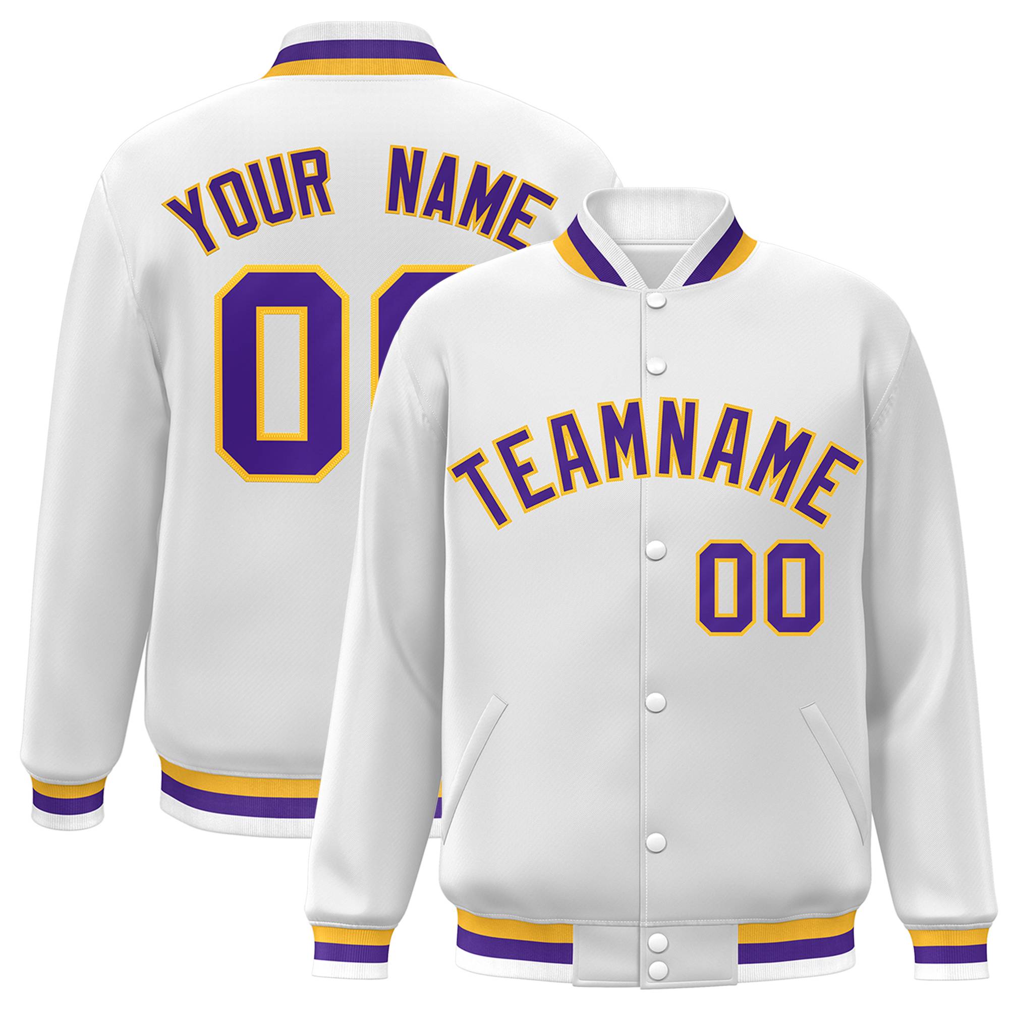 Custom White Purple-Gold Classic Style Varsity Full-Snap Letterman Jacket