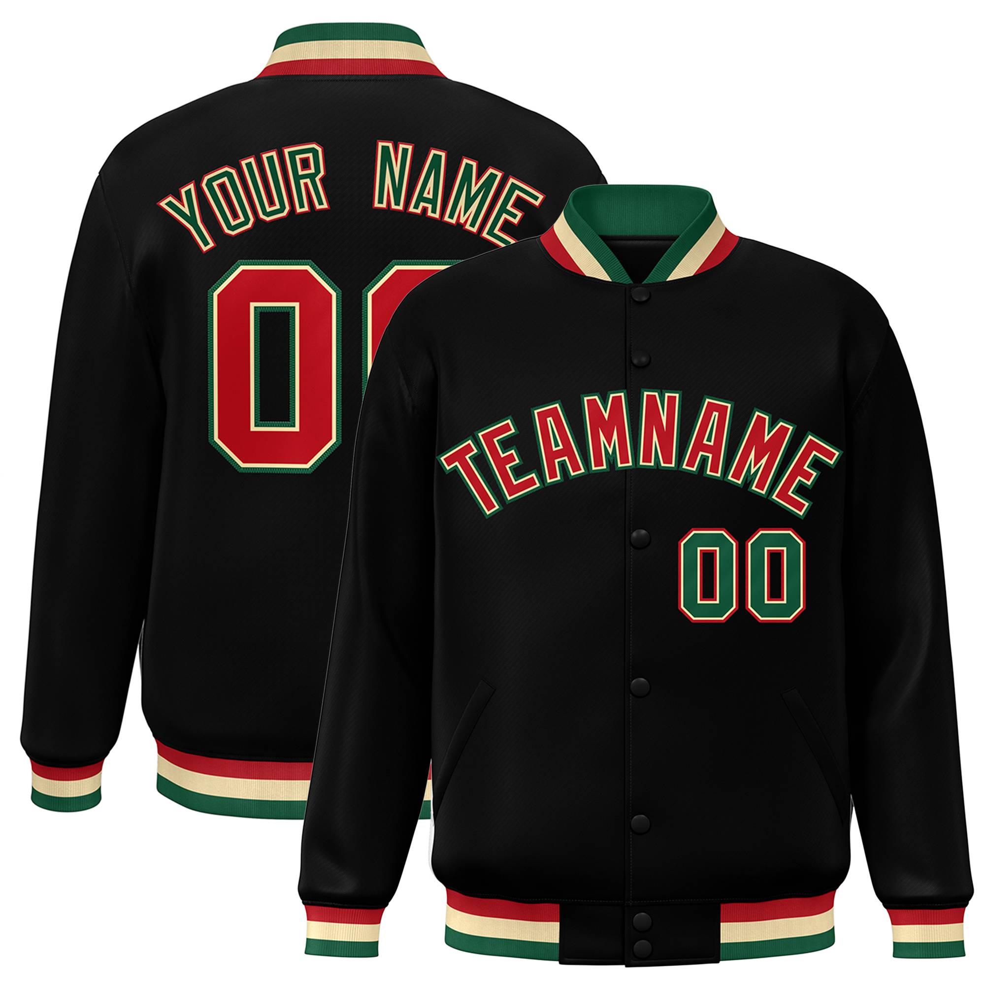 Custom Black Red-Khaki Classic Style Varsity Full-Snap Letterman Jacket