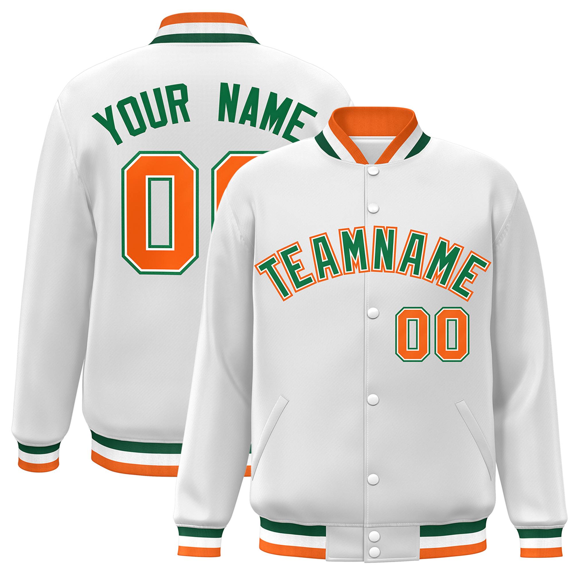 Custom White Green-White Classic Style Varsity Full-Snap Letterman Jacket