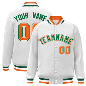 Custom White Green-White Classic Style Varsity Full-Snap Letterman Jacket