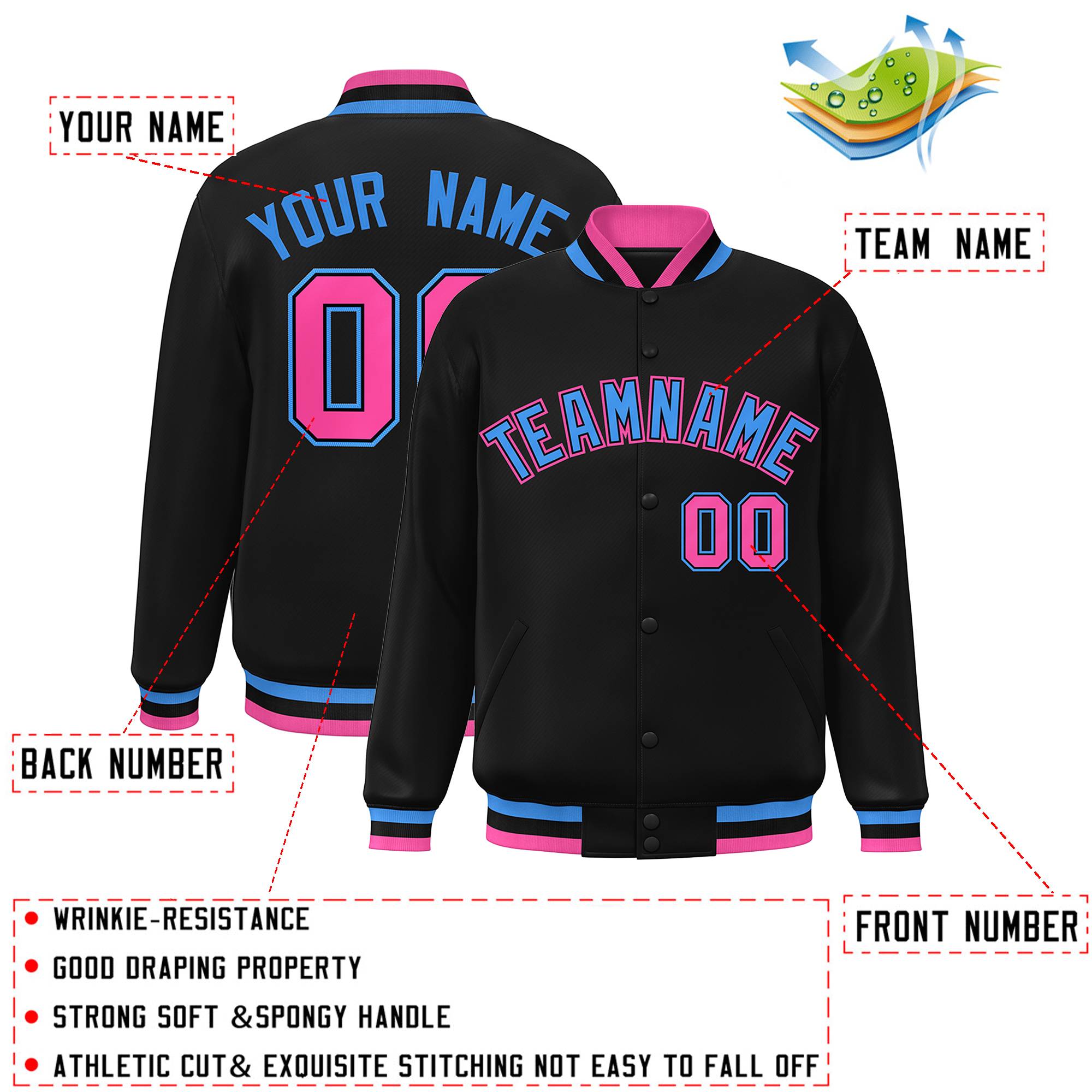 Custom Black Powder Blue-Black Classic Style Varsity Full-Snap Letterman Jacket