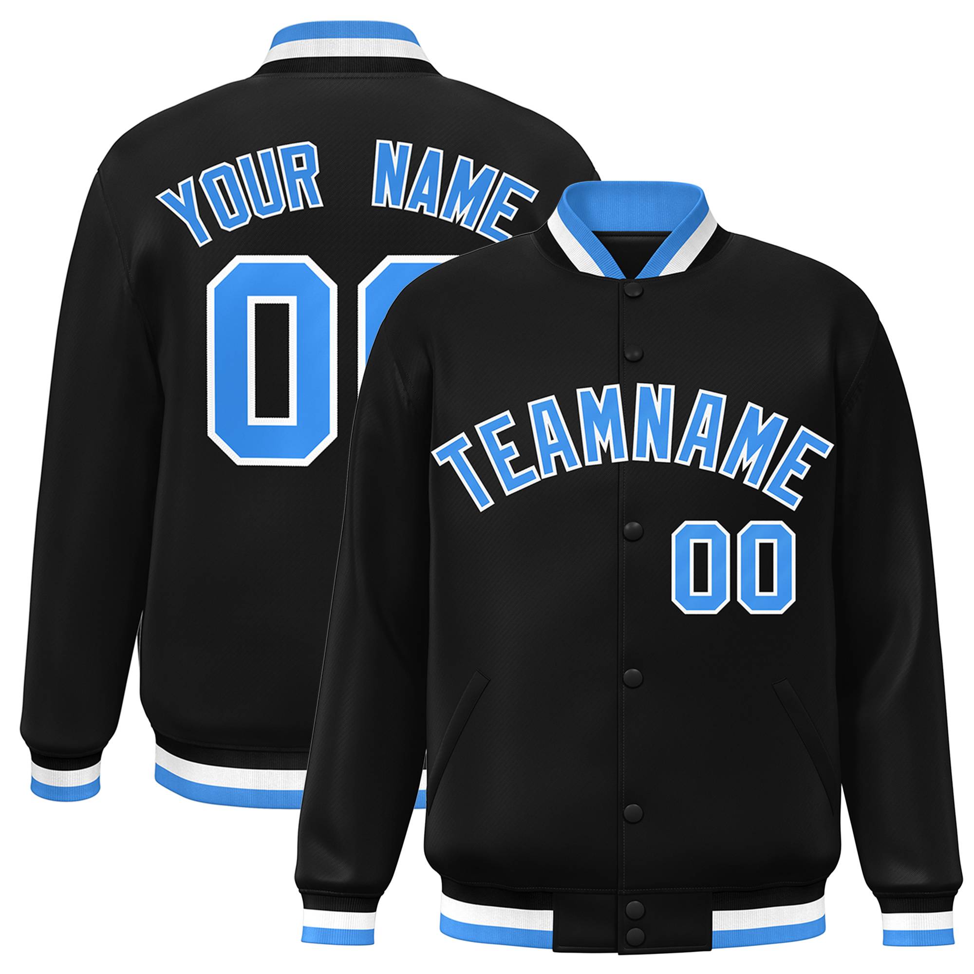 Custom Black Powder Blue-White Classic Style Varsity Full-Snap Letterman Jacket