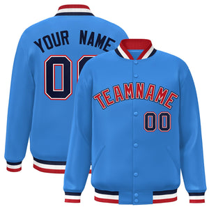 Custom Powder Blue Red-White Classic Style Varsity Full-Snap Letterman Jacket