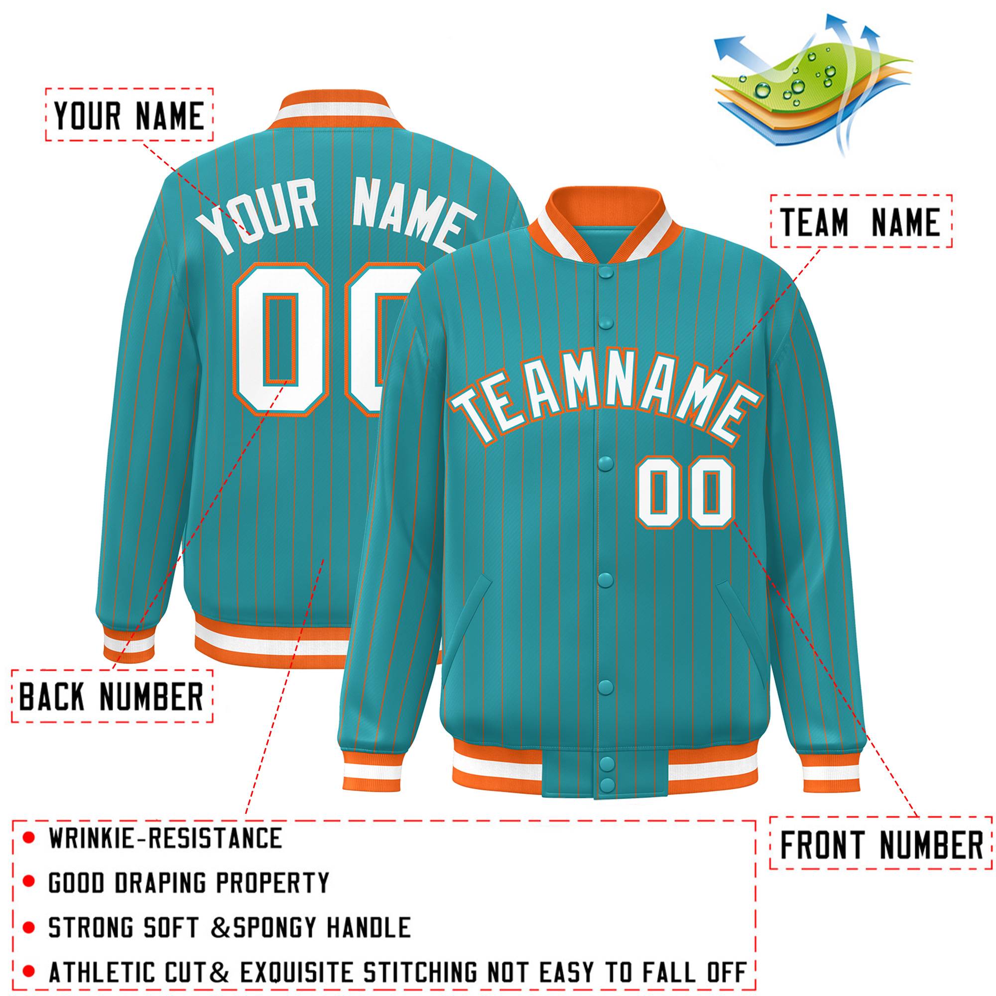 Custom Aqua White-Orange Personalized Stripe Fashion Bomber Team Sport Jacket