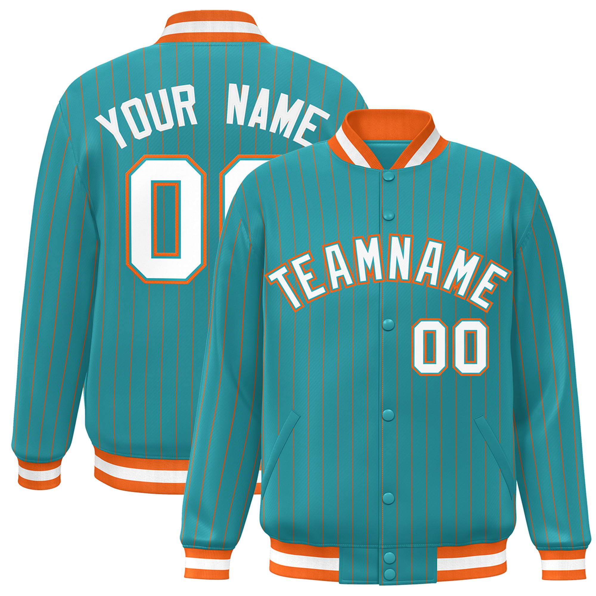 Custom Aqua White-Orange Personalized Stripe Fashion Bomber Team Sport Jacket