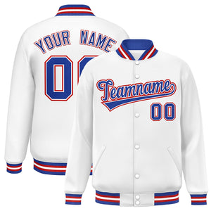 Custom White Royal-White Classic Style Varsity Full-Snap Letterman Jacket