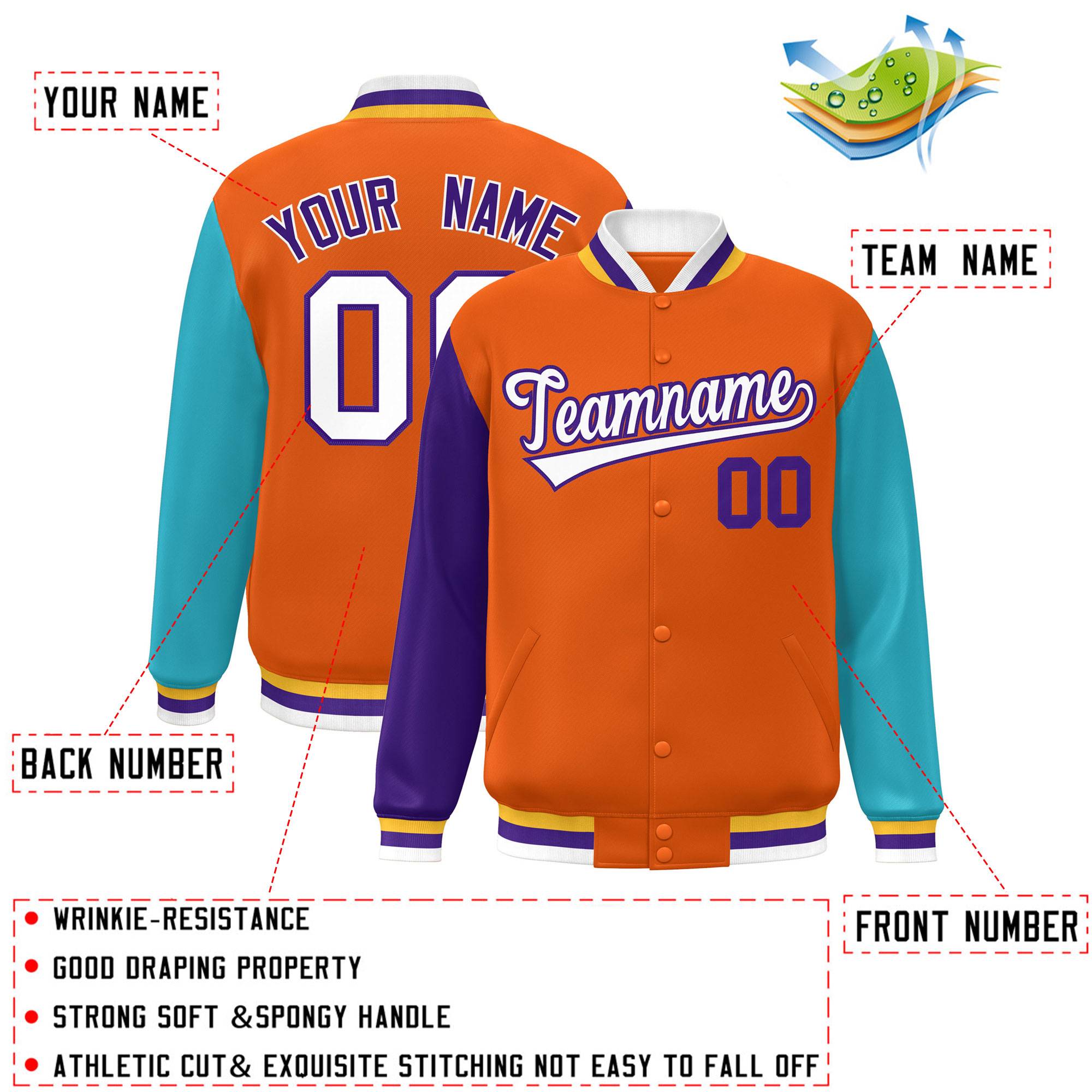 Veste de baseball Letterman personnalisée à manches raglan orange violet-aqua Varsity