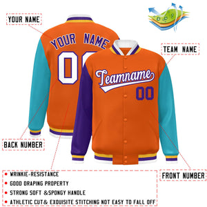 Veste de baseball Letterman personnalisée à manches raglan orange violet-aqua Varsity