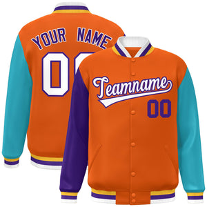 Veste de baseball Letterman personnalisée à manches raglan orange violet-aqua Varsity