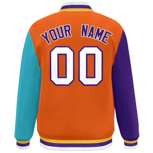 Veste de baseball Letterman personnalisée à manches raglan orange violet-aqua Varsity