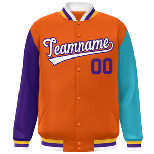 Veste de baseball Letterman personnalisée à manches raglan orange violet-aqua Varsity