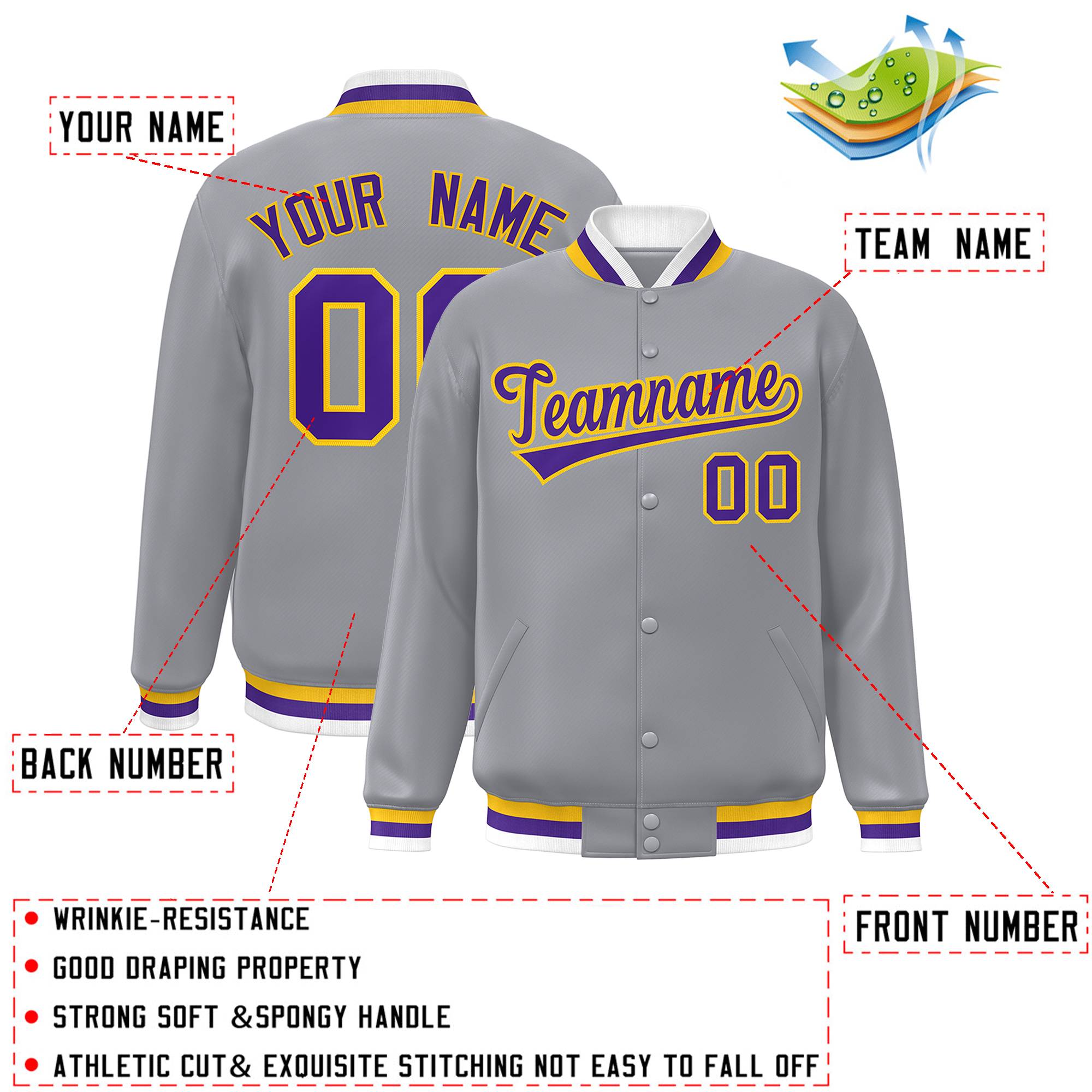 Custom Gray Purple-Gold Classic Style Varsity Full-Snap Letterman Jacket