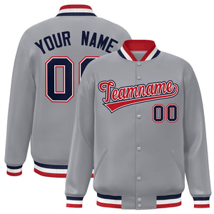 Custom Gray Red-White Classic Style Varsity Full-Snap Letterman Jacket