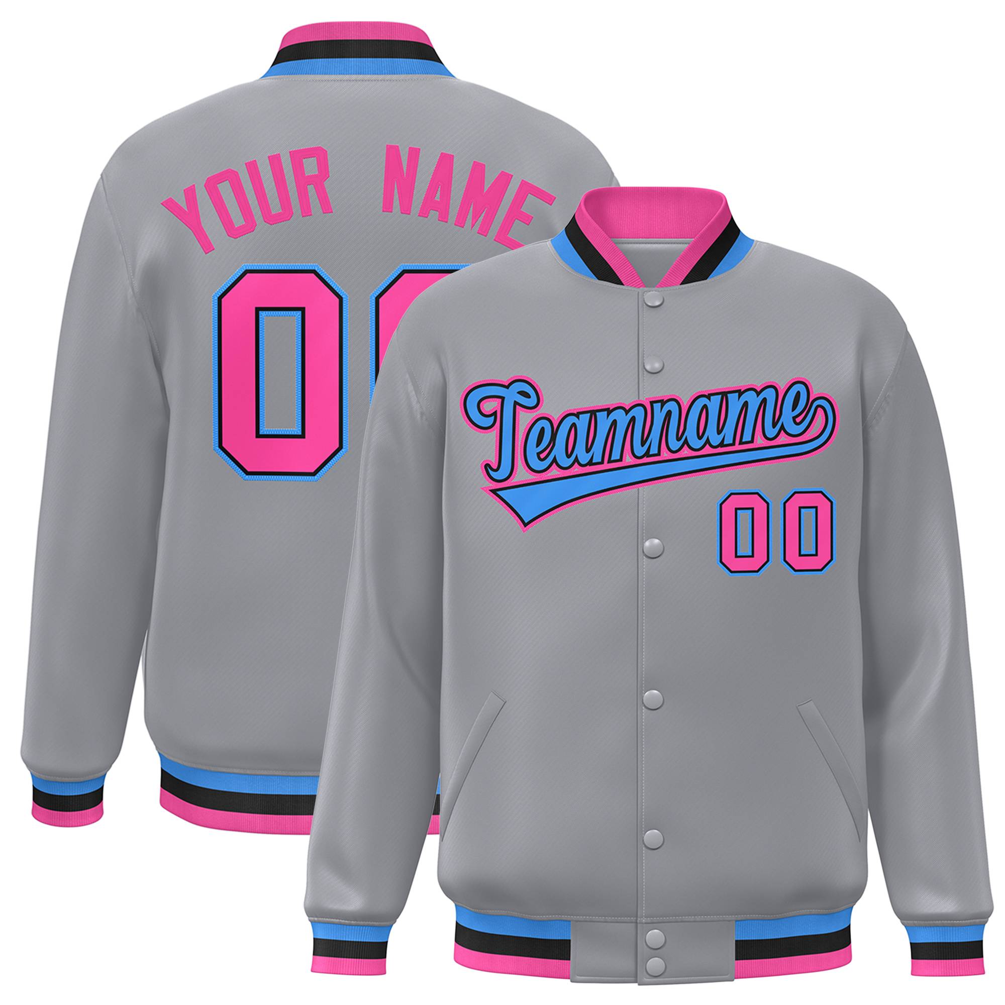 Custom Gray Powder Blue-Black Classic Style Varsity Full-Snap Letterman Jacket