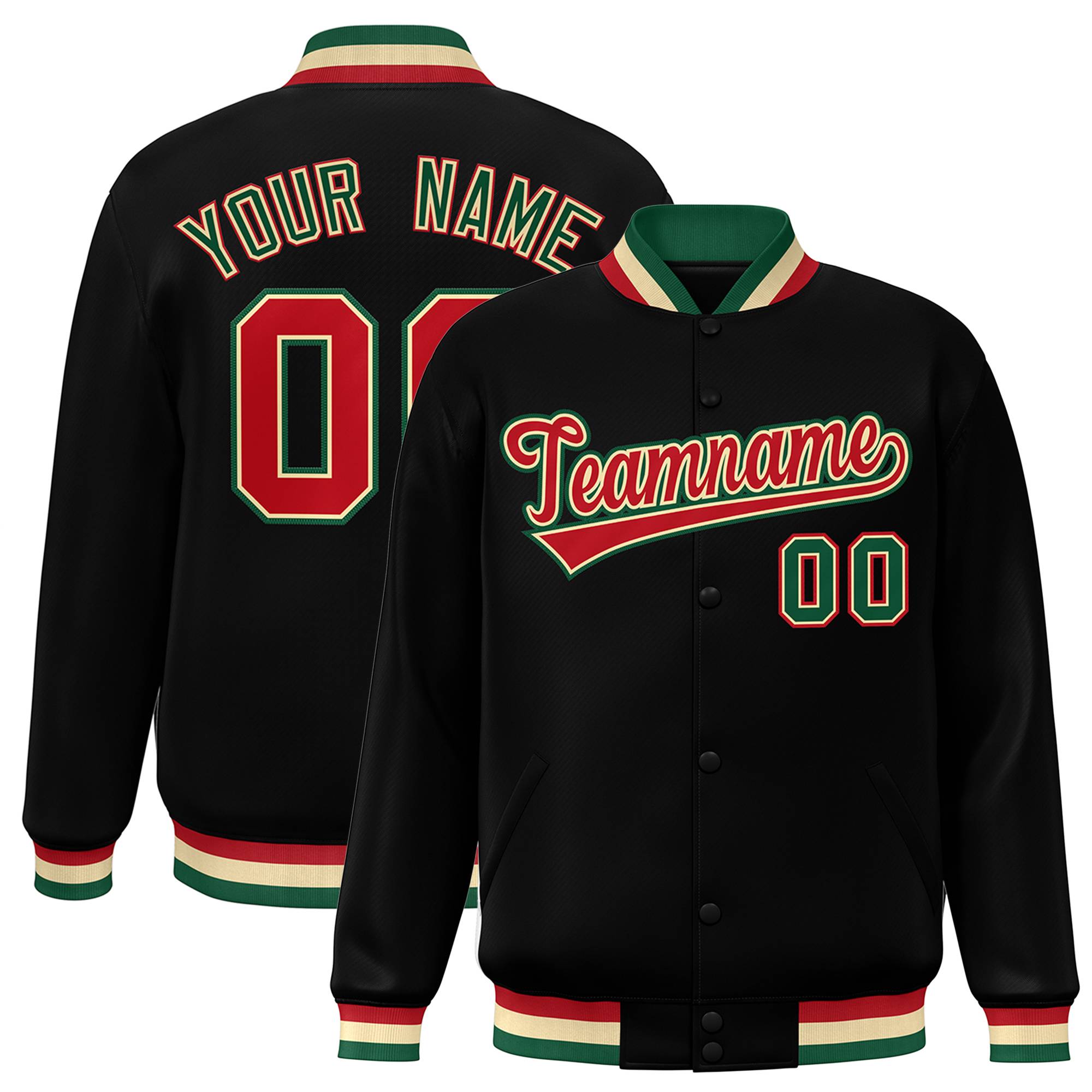 Custom Black Red-Khaki Classic Style Varsity Full-Snap Letterman Jacket