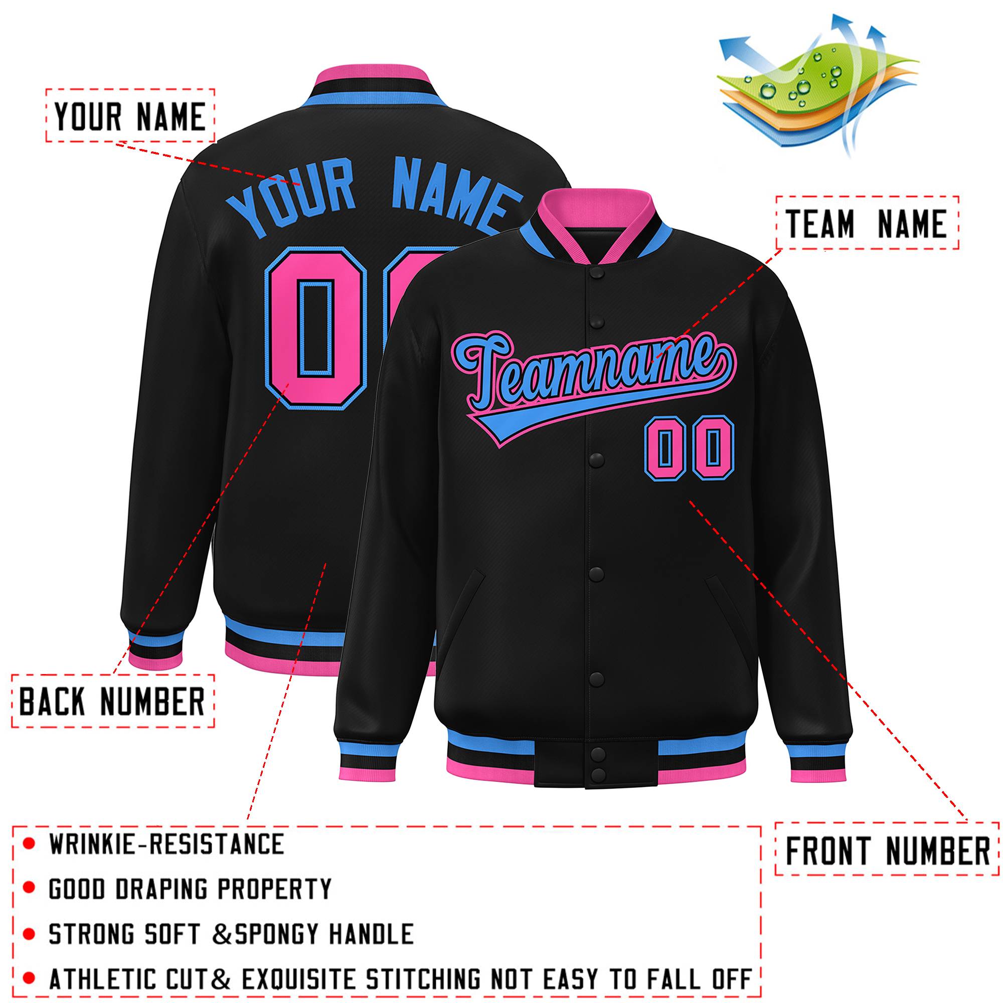 Custom Black Powder Blue-Black Classic Style Varsity Full-Snap Letterman Jacket