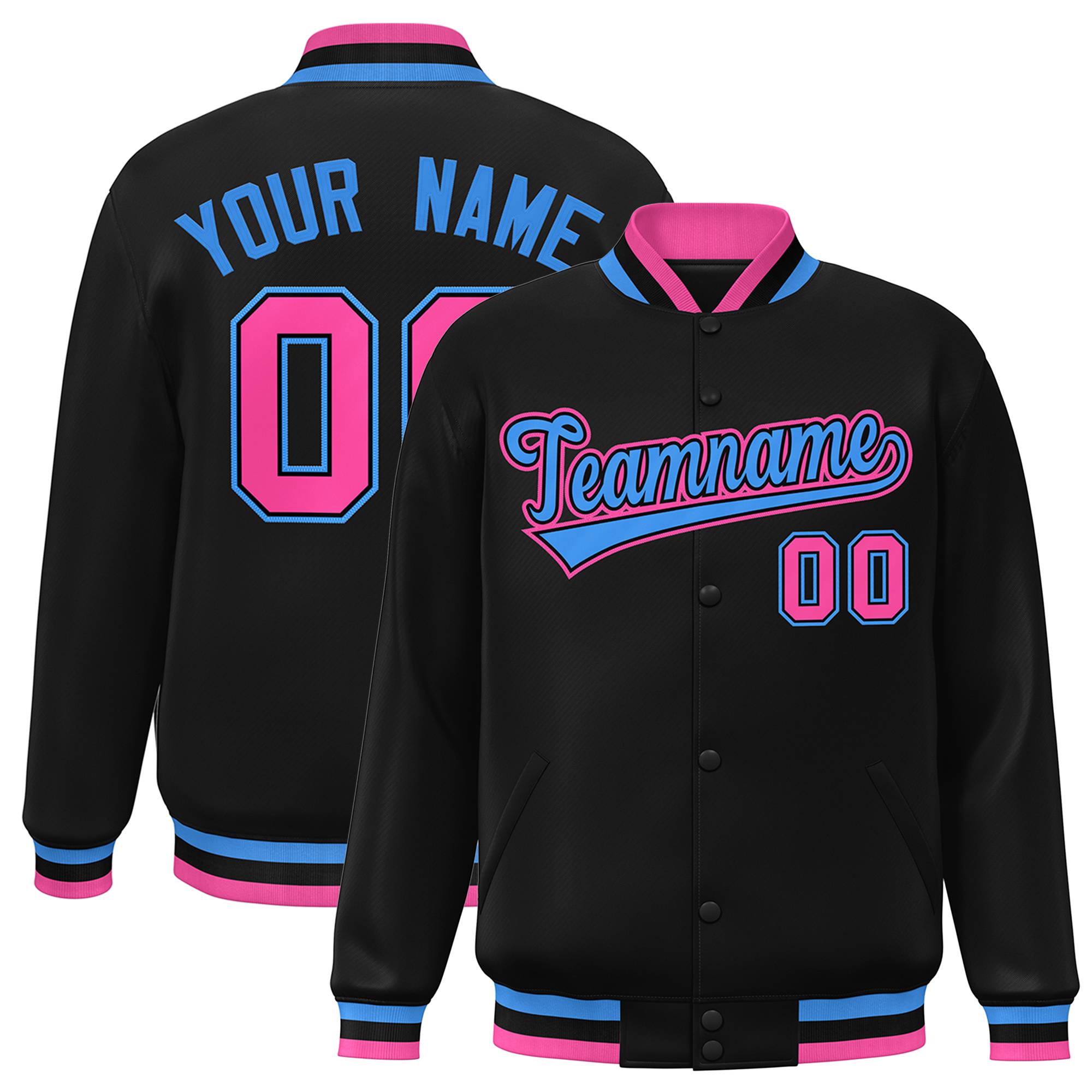 Custom Black Powder Blue-Black Classic Style Varsity Full-Snap Letterman Jacket