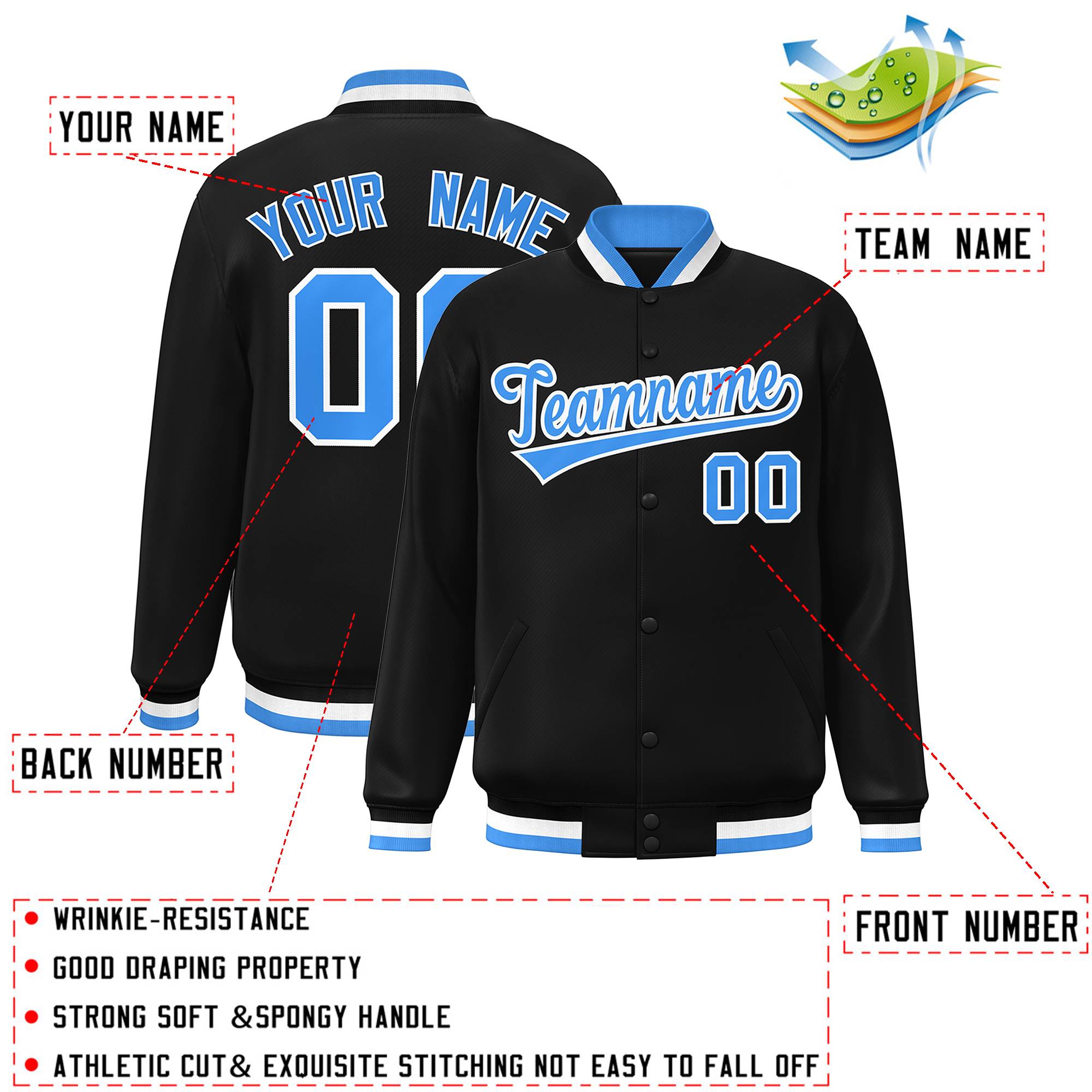 Custom Black Powder Blue-White Classic Style Varsity Full-Snap Letterman Jacket