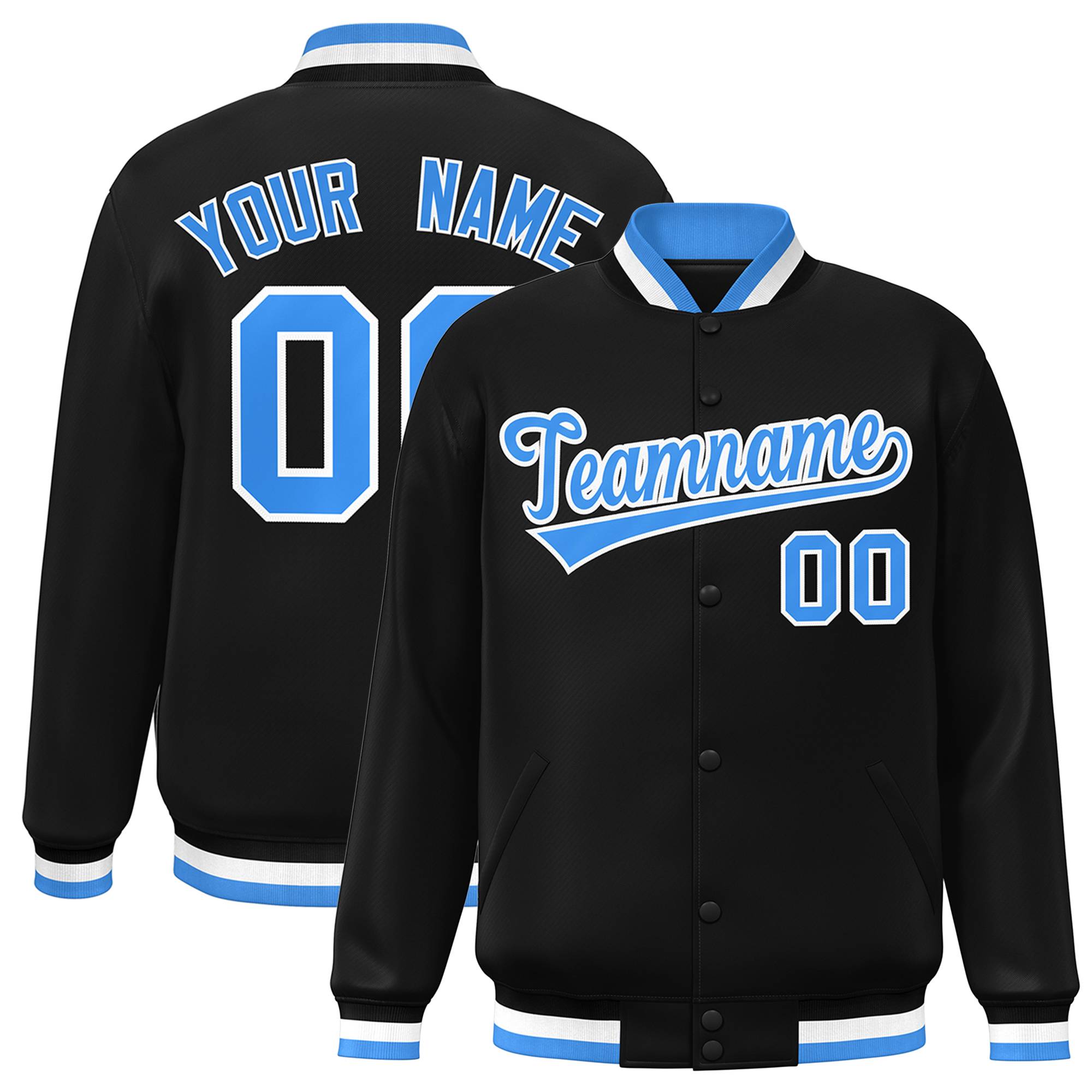 Custom Black Powder Blue-White Classic Style Varsity Full-Snap Letterman Jacket