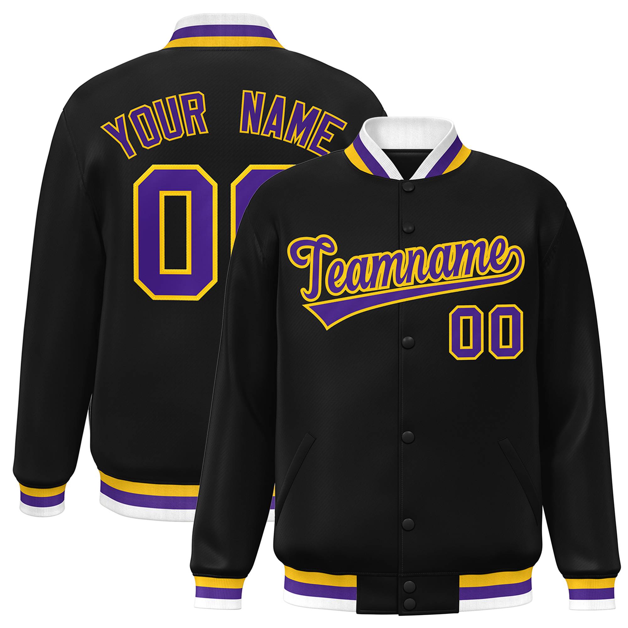 Custom Black Purple-Gold Classic Style Varsity Full-Snap Letterman Jacket