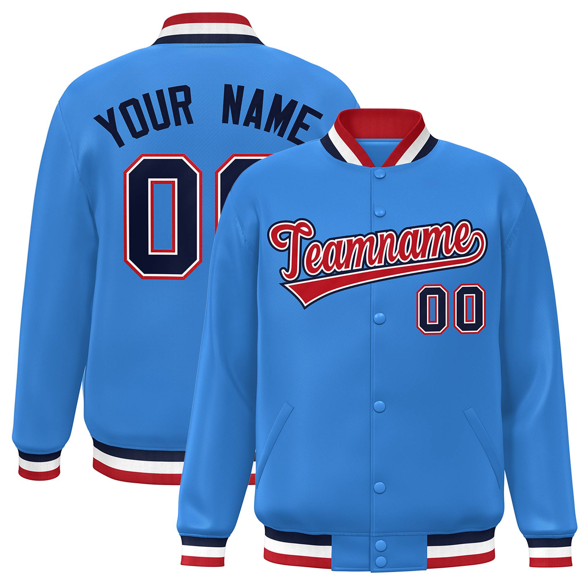 Custom Powder Blue Red-White Classic Style Varsity Full-Snap Letterman Jacket