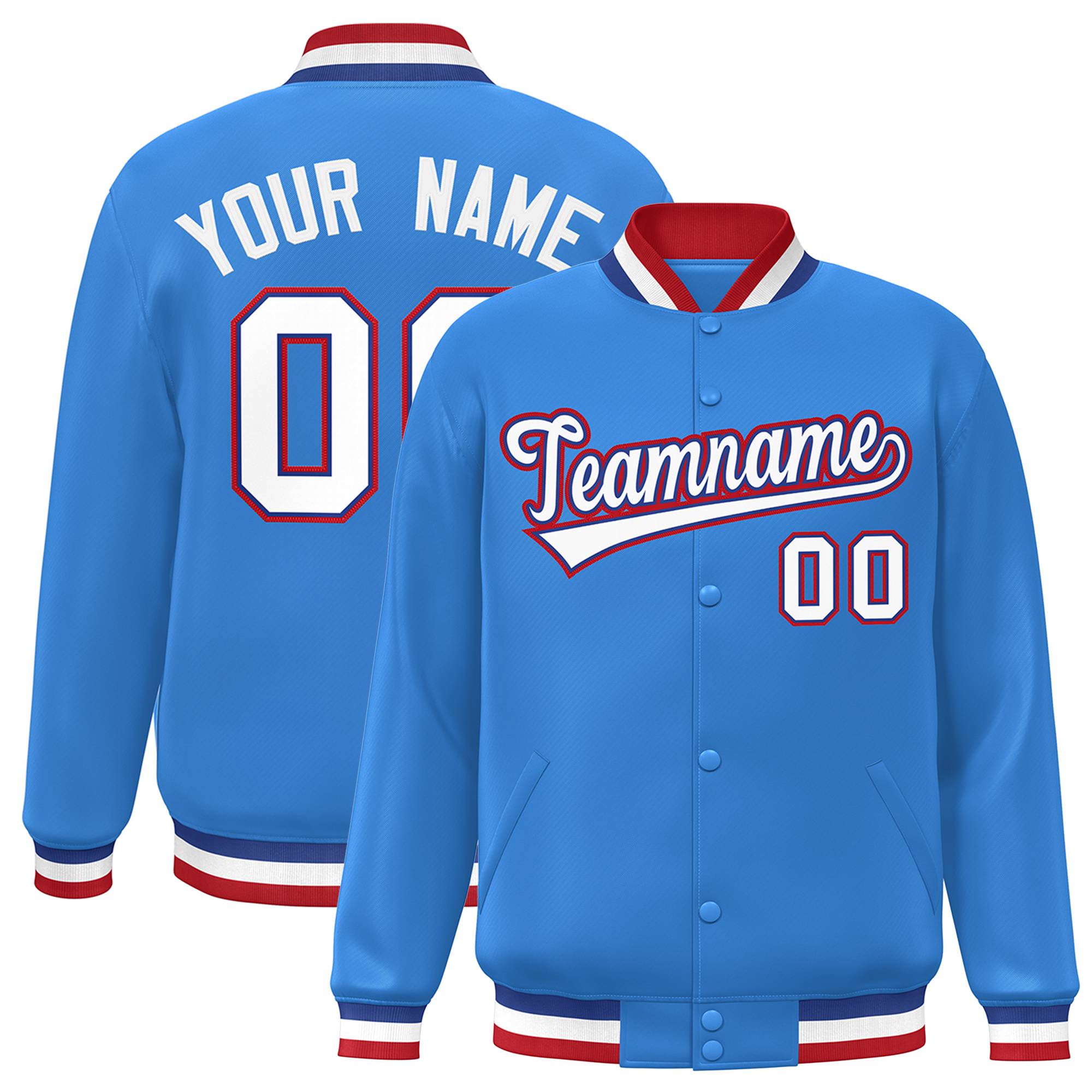 Custom Powder Blue White-Royal Classic Style Varsity Full-Snap Letterman Jacket