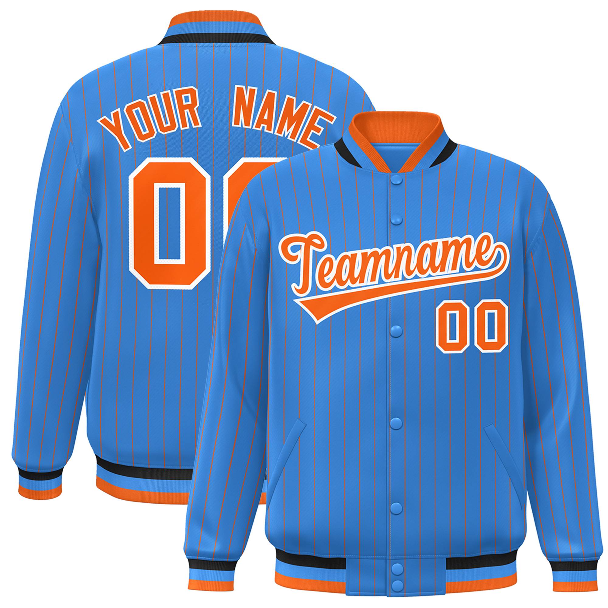 Custom Powder Blue Orange-White Stripe Fashion Letterman Bomber Varsity Jacket