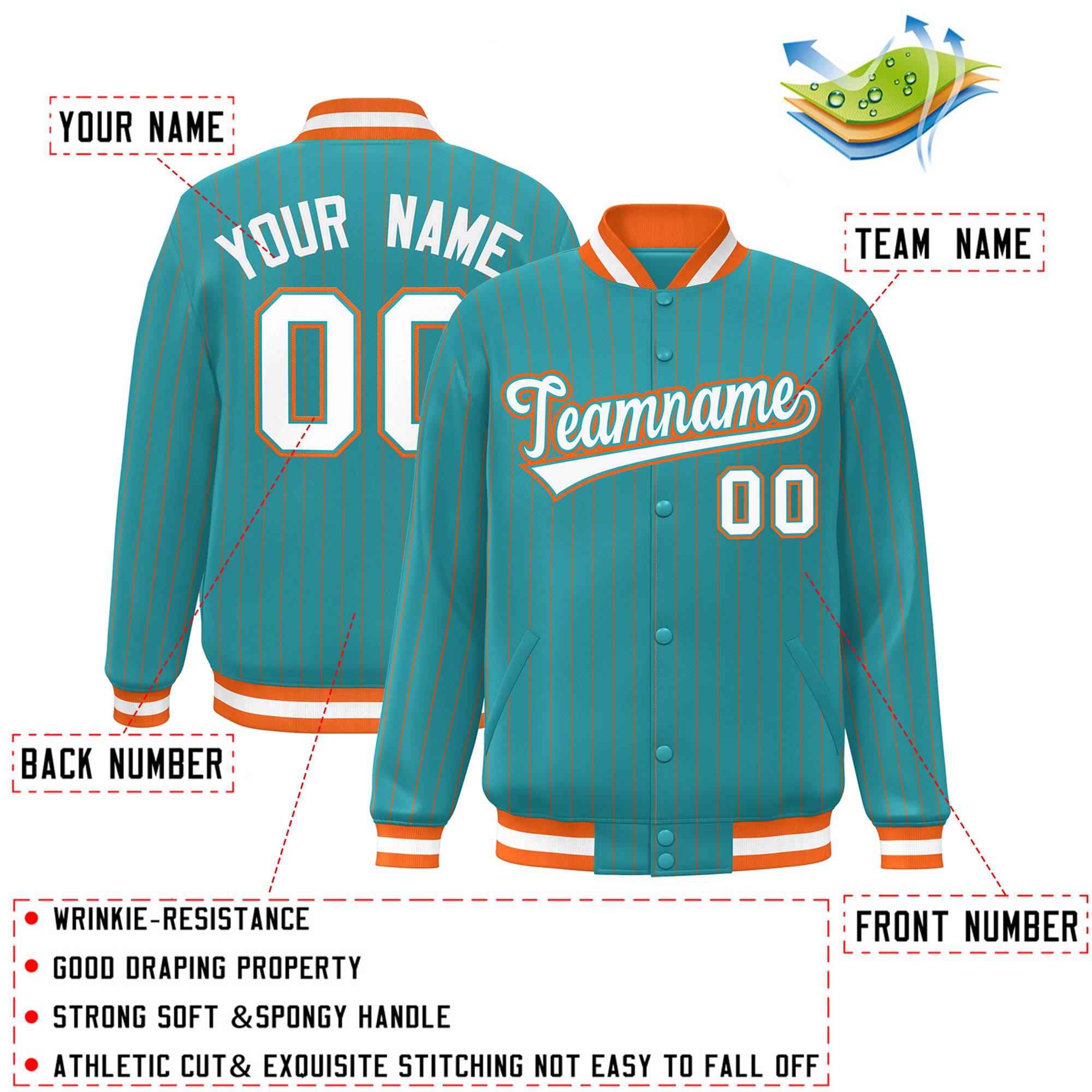 Custom Aqua White-Orange Personalized Stripe Fashion Bomber Team Sport Jacket