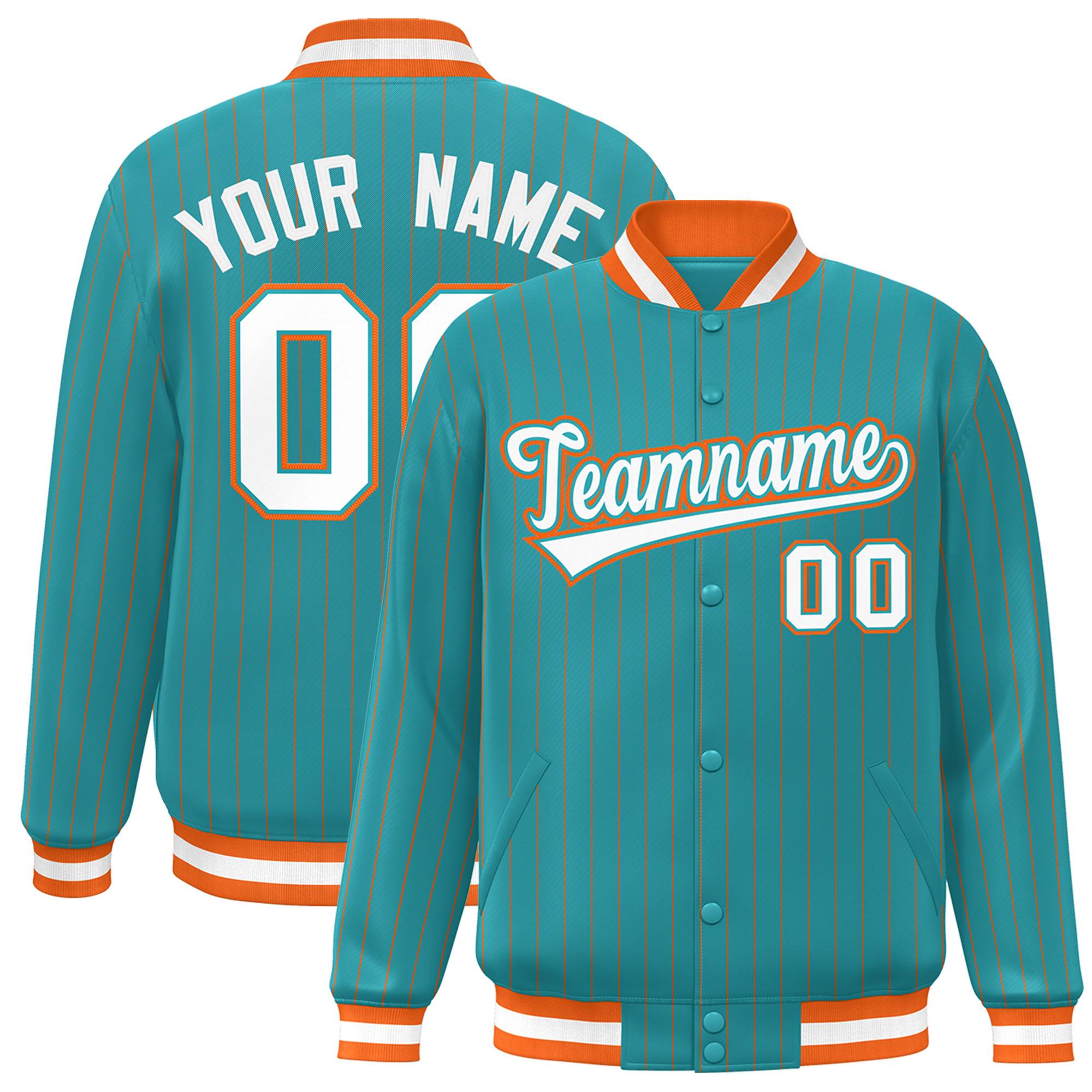 Custom Aqua White-Orange Personalized Stripe Fashion Bomber Team Sport Jacket