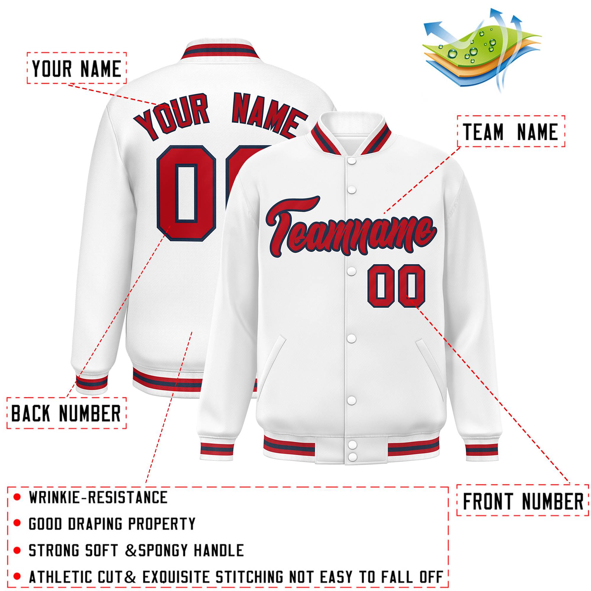 Custom White Red-Navy Classic Style Varsity Full-Snap Letterman Jacket