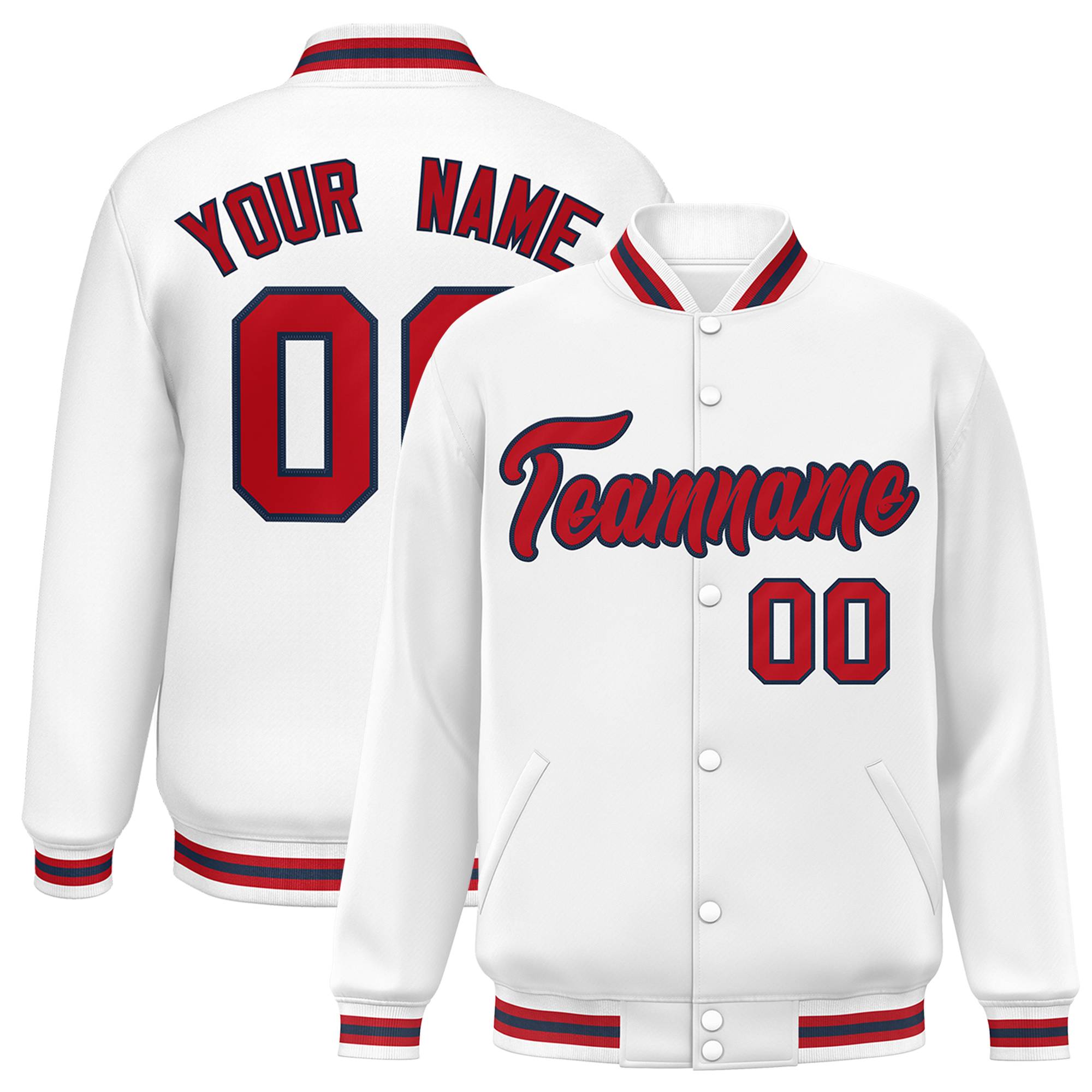 Custom White Red-Navy Classic Style Varsity Full-Snap Letterman Jacket